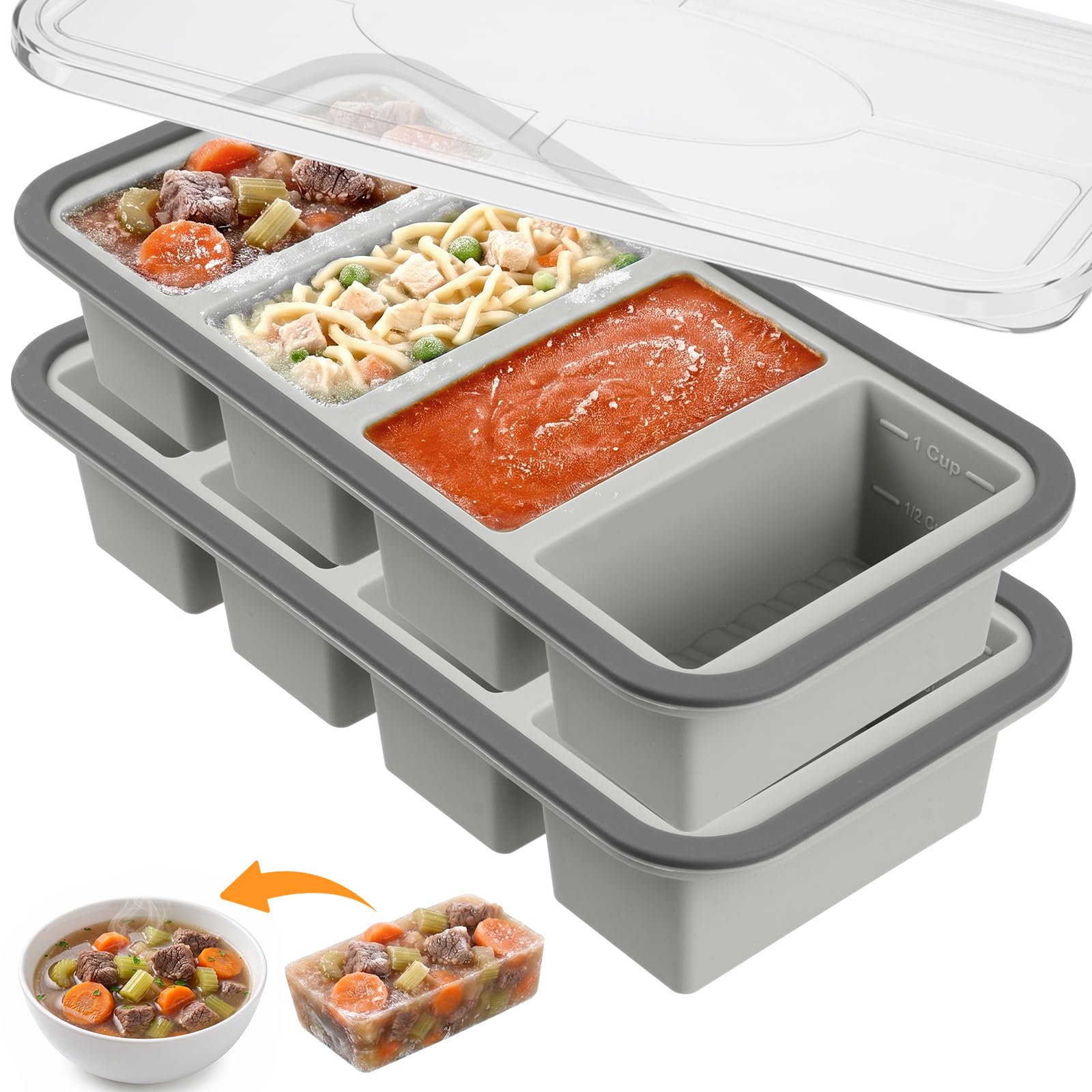 OSDUE 2 Pack Silicone Soup Freezer Containers, Large Ice Cube Tray with Lid