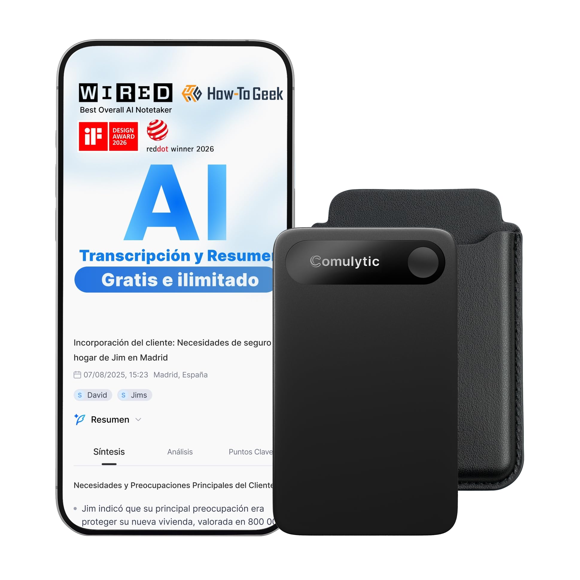Comulytic Note Pro Grabadora de Voz AI Digital con Transcripción y Resúmenes Ilimitados, Voice Recorder con Control Mediante App y Funda, 113 Idiomas para Reuniones, Clases y Conferencias,Negro