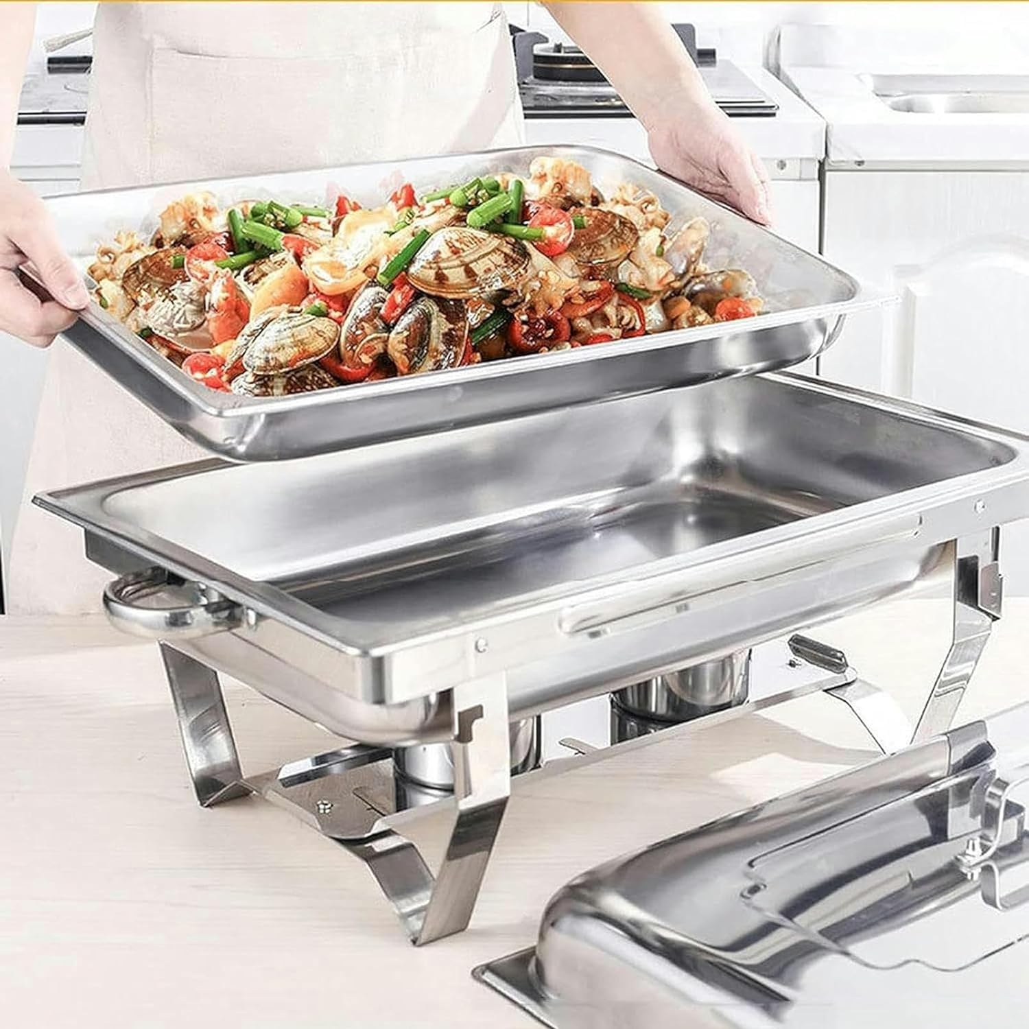 Juego de calentador de buffet de acero inoxidable, calentador de alimentos de 11 litros con tapa abatible, estante de combustible y plato de alimentos para catering y eventos