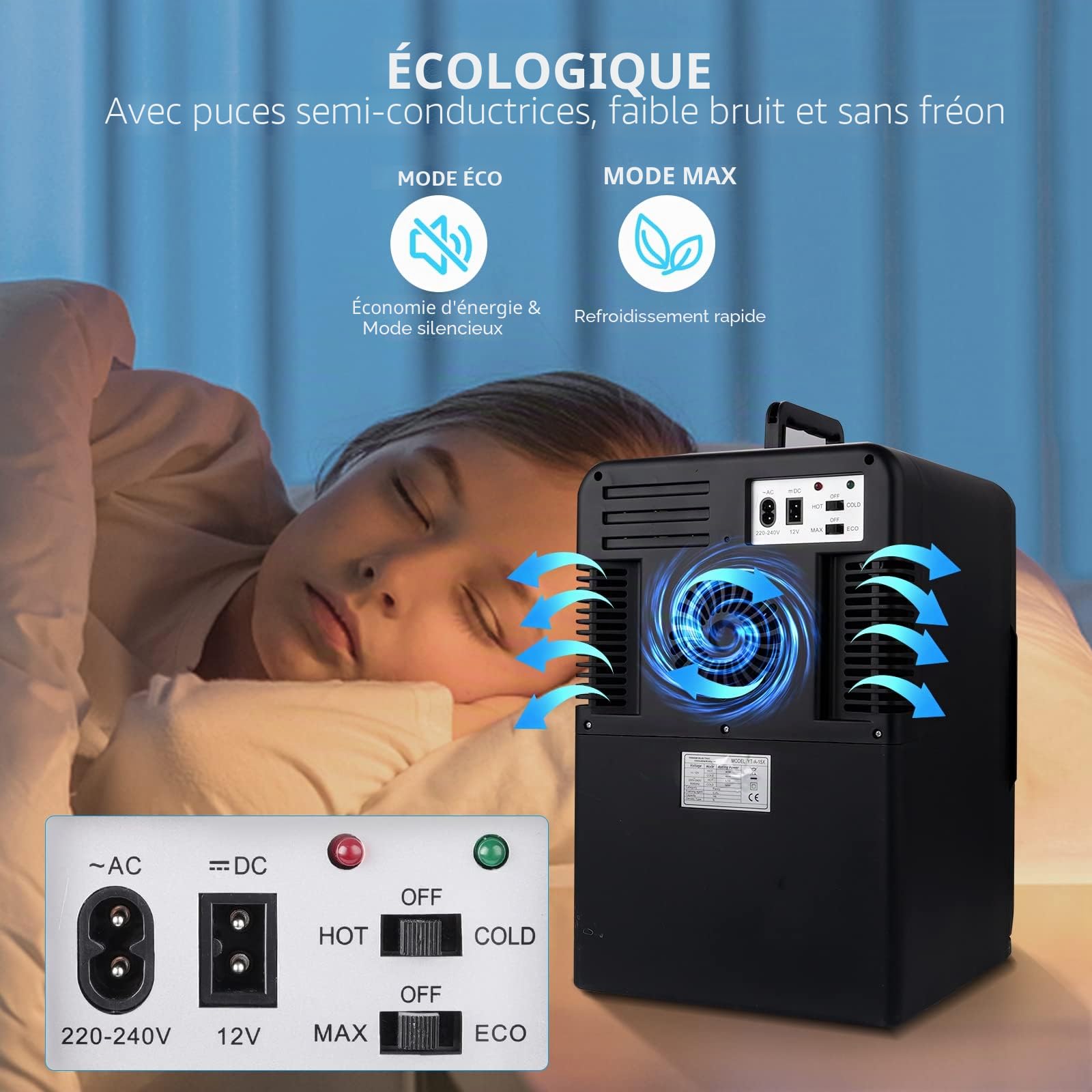 Cumeod Mini Frigo de Chambre, 15L /21 Canettes 330ml, 12V DC/220V AC Petit Frigo Cosmetique avec Fonction Chaud/Froid Pour Aliments, Boissons, Cosmétiques, Mode Max et ECO(Noir)