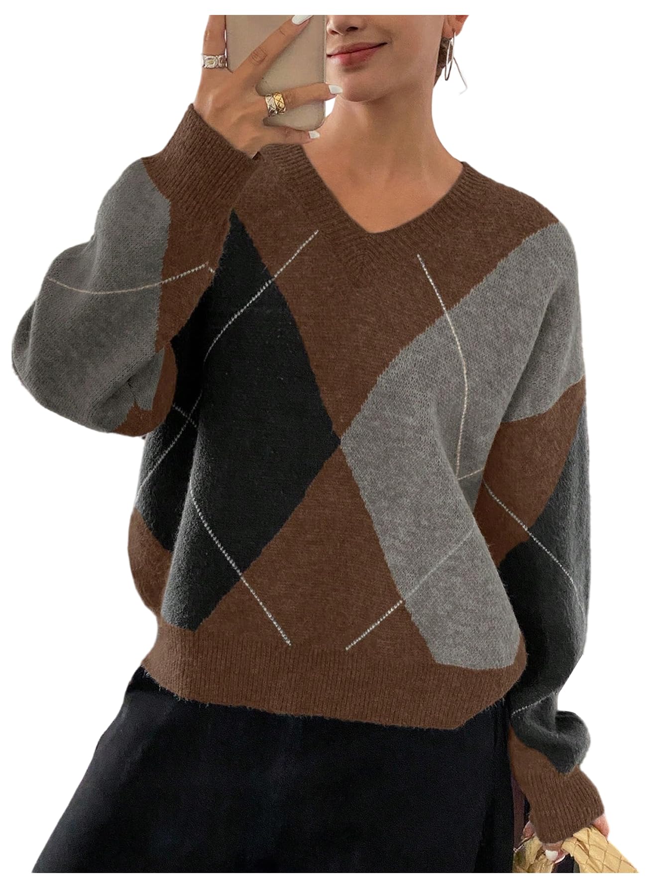 SOLY HUX Plaid Sweaters for Women V Neck Drop Shoulder Long Sleeve Color Block Pullover Sweater Tops
