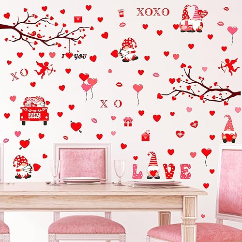 Miniatura 8 de Calcomanías de pared con diseño de corazón rojo, diseño de corazones, gnomos, ramas de árboles, calcomanías de pared con temática de amor,