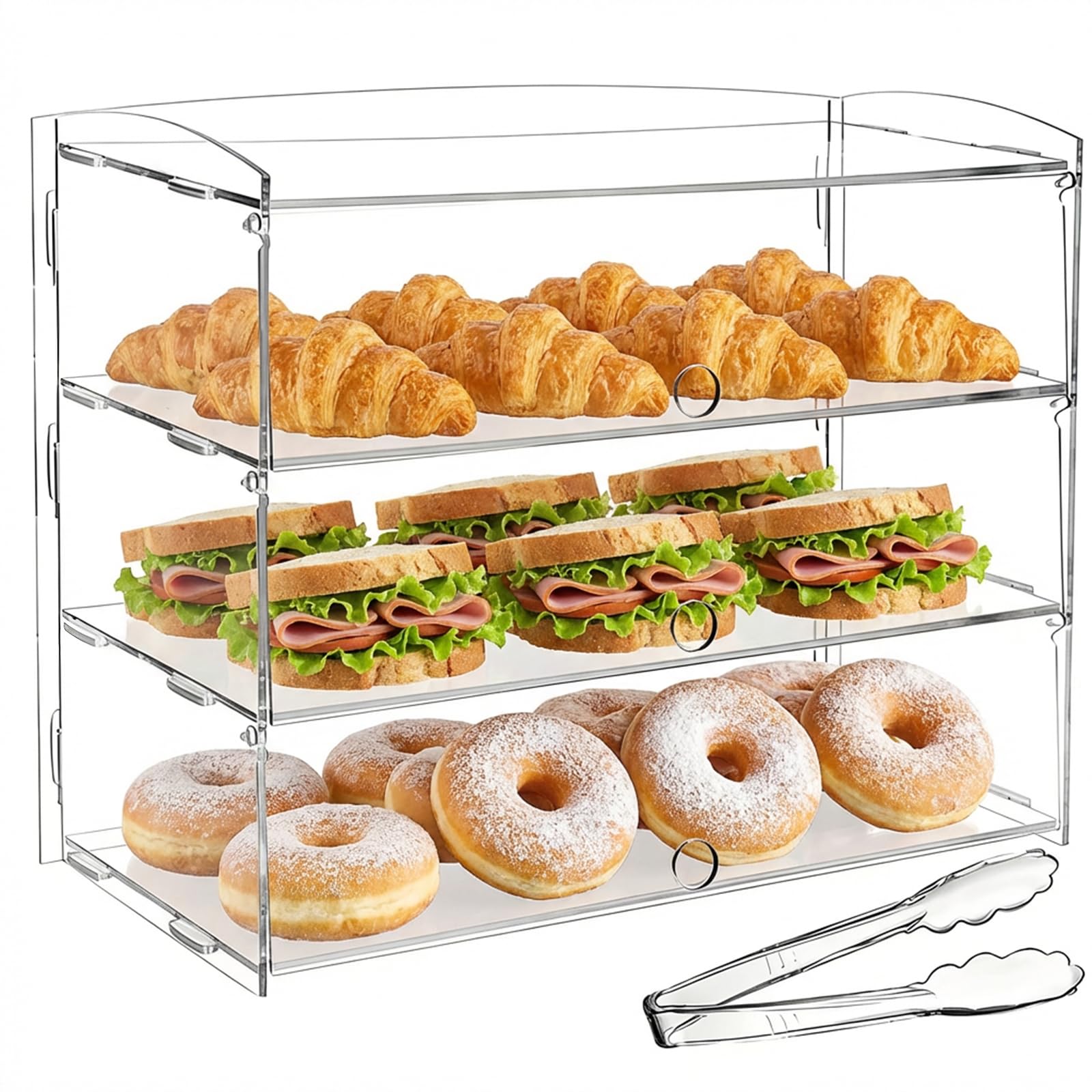 Taimiko Acrylic Pastry Display Cabinet Countertop 3 Tier Bakery Display Case 19"X9"X15.3" For Bread Dessert Food Cookie Baking Cup Cake Donut With Cake Serving Tong