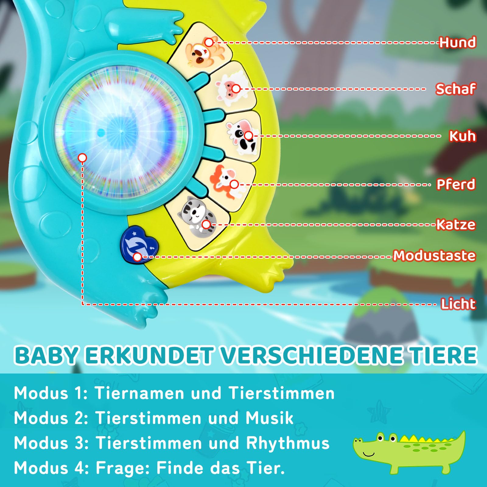 Musikalisches Spielzeug für Baby ab 1 Jahr Lernspielzeug Gitarre mit Tiergeräuschen, Musik Spielzeug mit Lichtern, Musik Montessori Kleinkind Spielzeug für Jungen & Mädchen, Geschenk 12 18 Monate