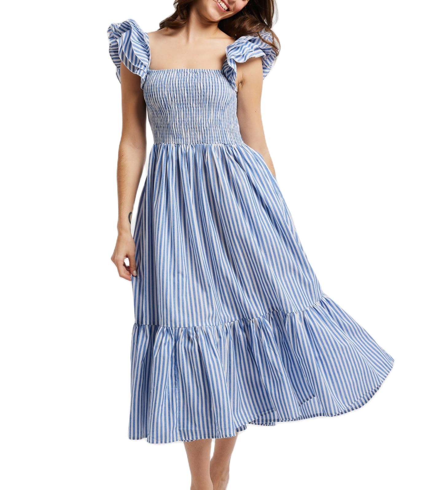 Women Boho Flowy Cap Sleeve Maxi Dress Summer Smocked A Line