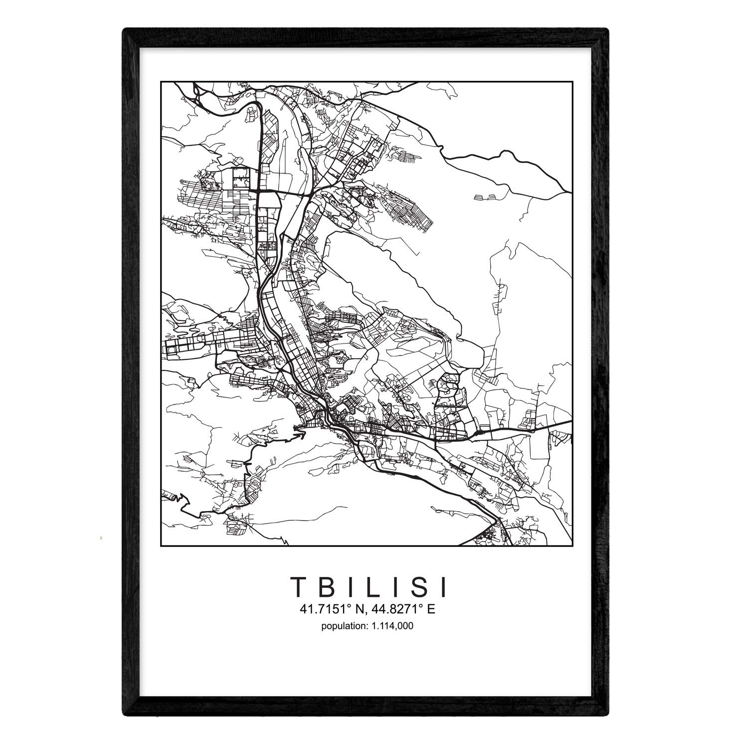 Tbilisi Map Sheet Nordic Style Black and White A4 Display Printed Paper No 250 GR. Paintings, Prints and Posters for Living Room and Bedroom