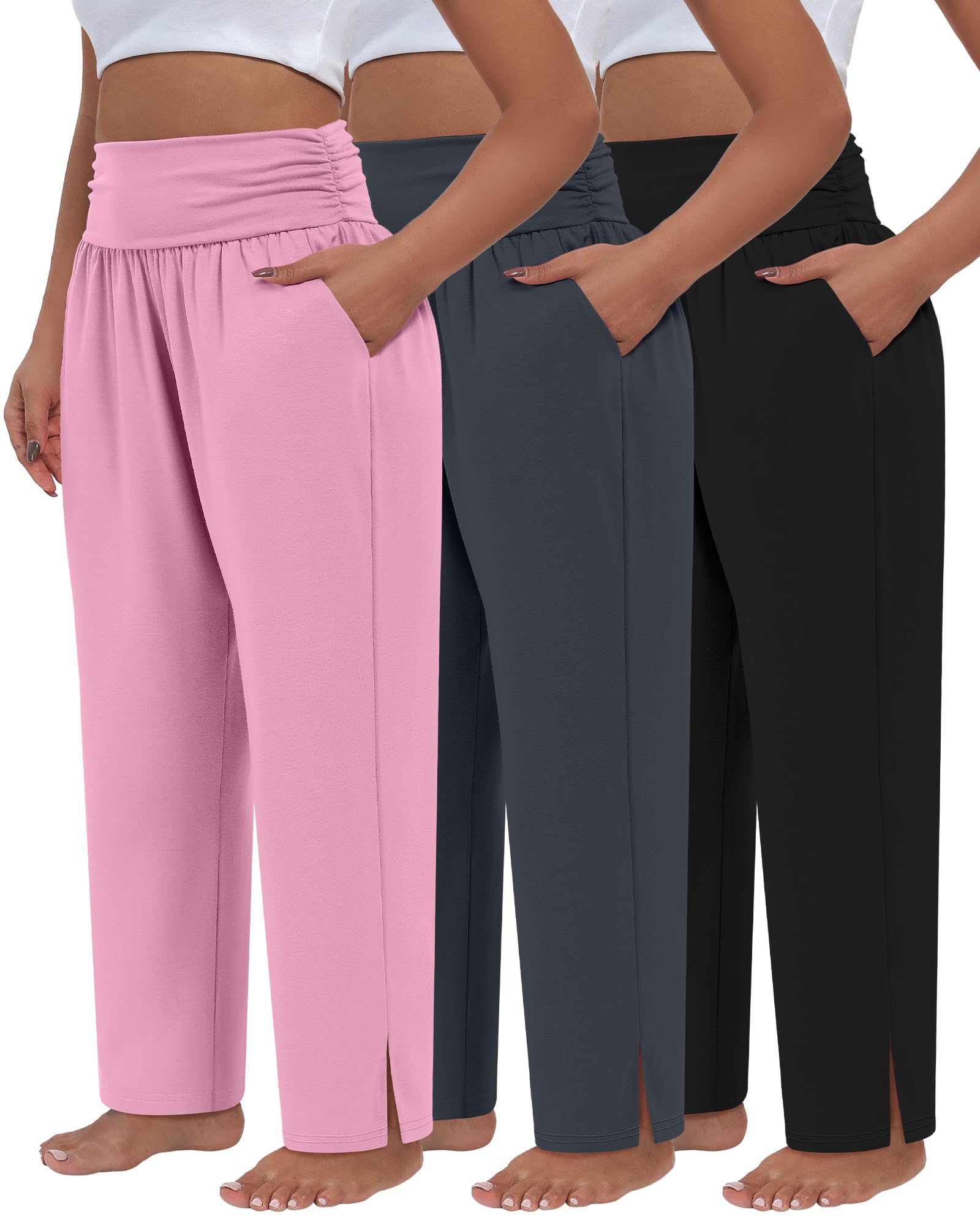 Locoowai 3 Pack Women's Plus Size Pleated Wide Leg Pants, Side Slit Lounge Yoga Pants Casual High Waist Palazzo with Pockets