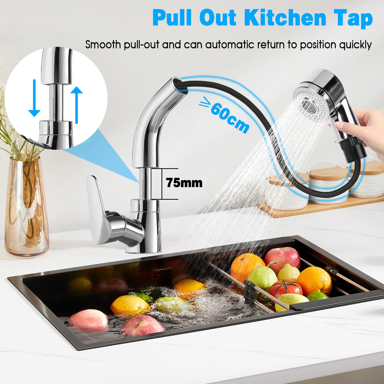 Namuoto Keukenkraan, uittrekbaar, 360° draaibare waterkraan keuken, gootsteenarmatuur keuken met zuiltype wateruitlaat en douchewateruitlaat 2 modi, mengkraan voor keuken chroom