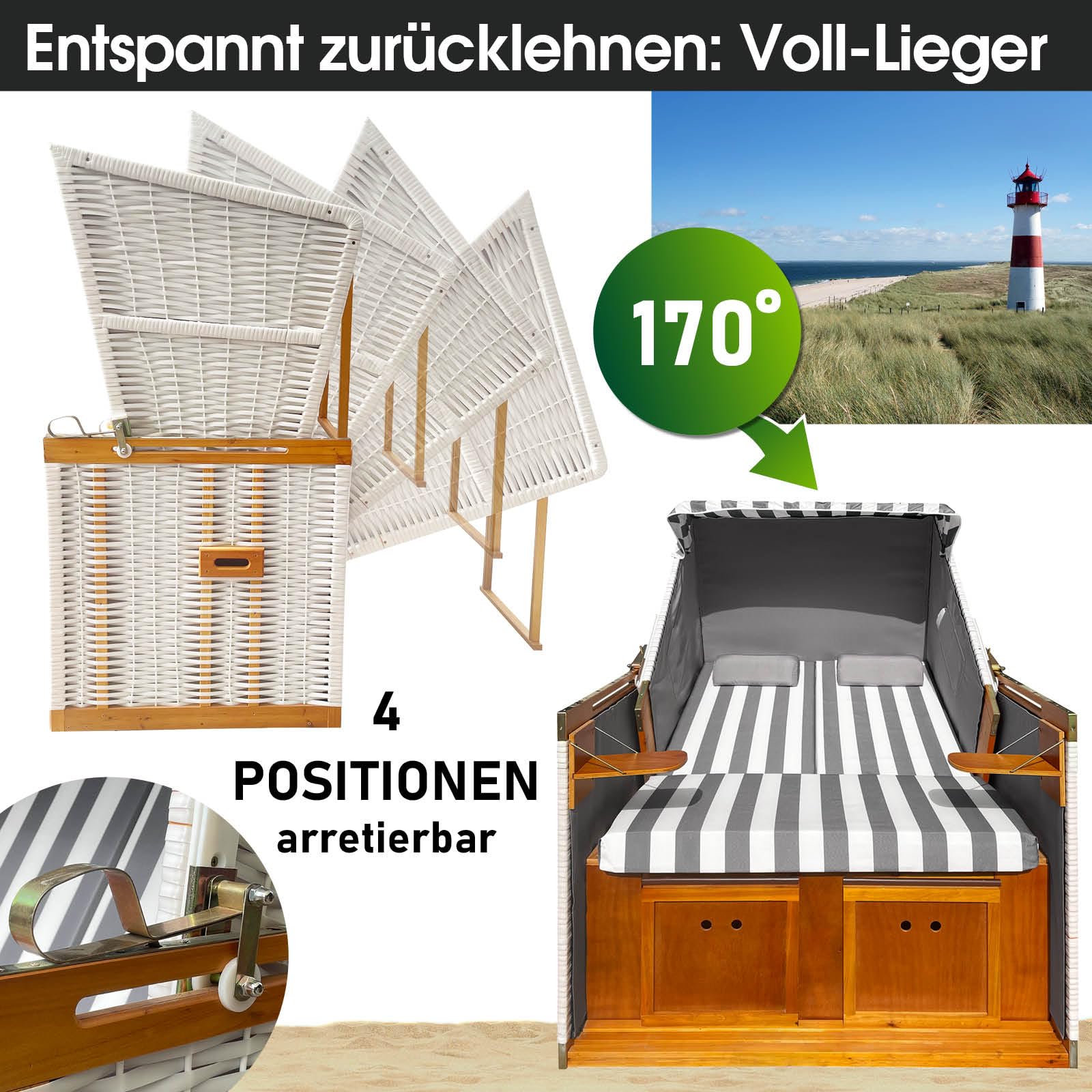 BRAST® Strandkorb Norderney Deluxe für 2 Personen | 120cm breit | 4 Designs | inkl. wetterfeste Abdeckhaube | verstellbare Rückenlehne Fußkissen | Grau/Weiß - gestreift
