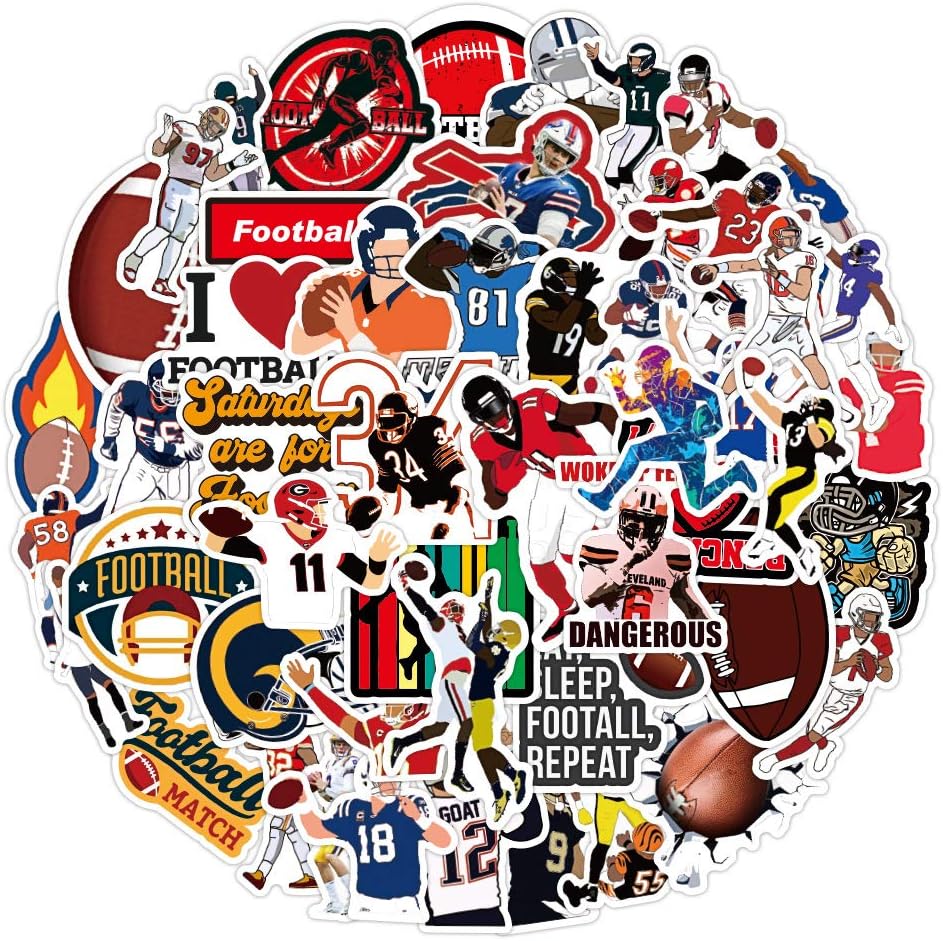 HNTR® American Football Stickers | 50 NFL Touchdown & Sports Decals | Waterproof Vinyl Stickers for Laptops, Water Bottles, Notebooks & Game Day Fans