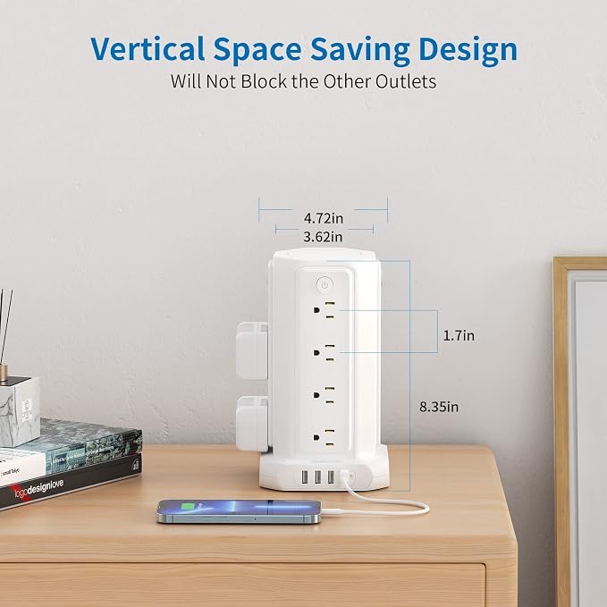 Protector de Sobretensión en Torre NTONPOWER con 16 Tomas y 4 Puertos USB, Estación de Carga para Escritorio, Cable de Extensión de 1.52 m, Blanco miniatura 3