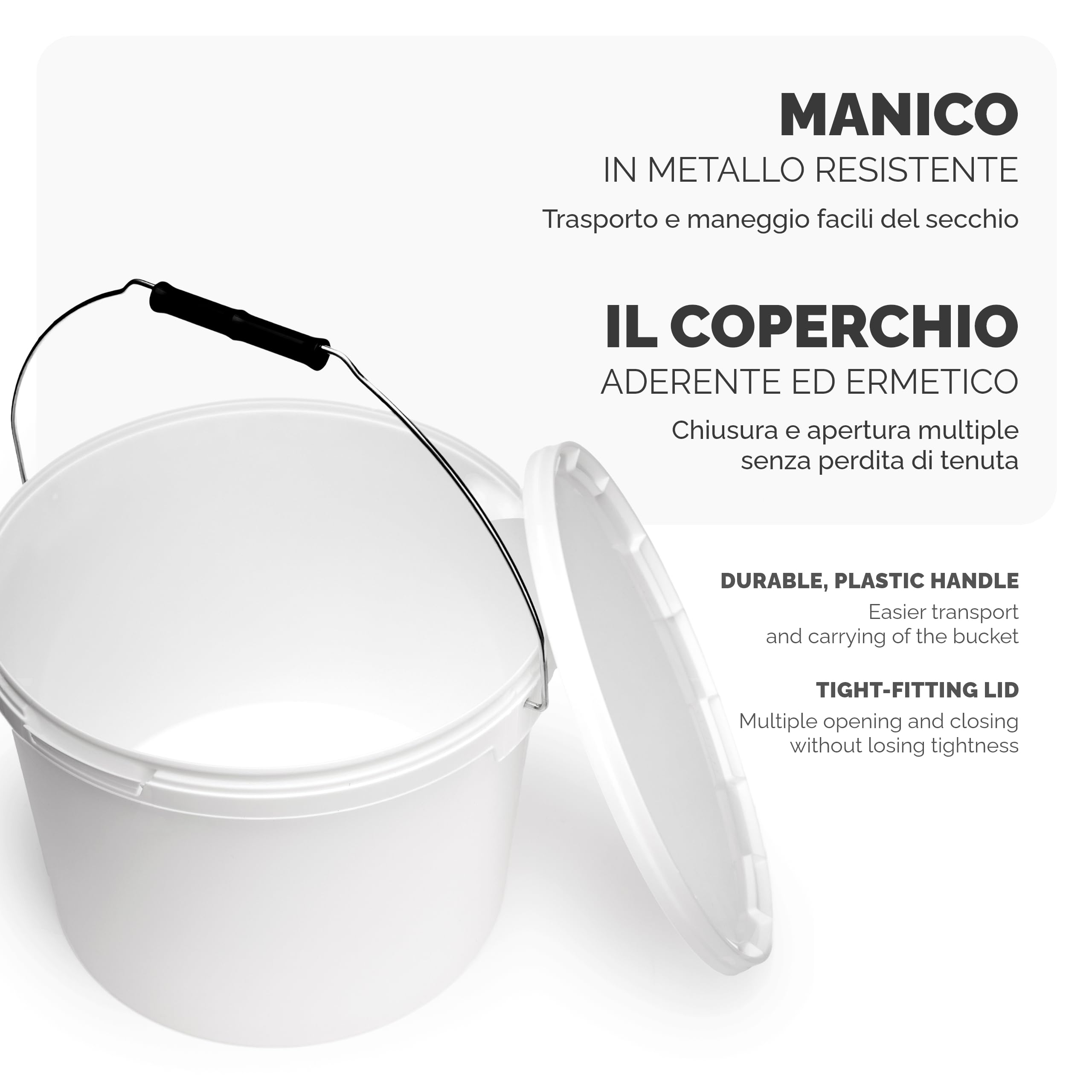 Garronda Secchio con Coperchio 12 L per la conservazione di Prodotti Alimentari e chimici 5 Pezzi Bianco GD-0071