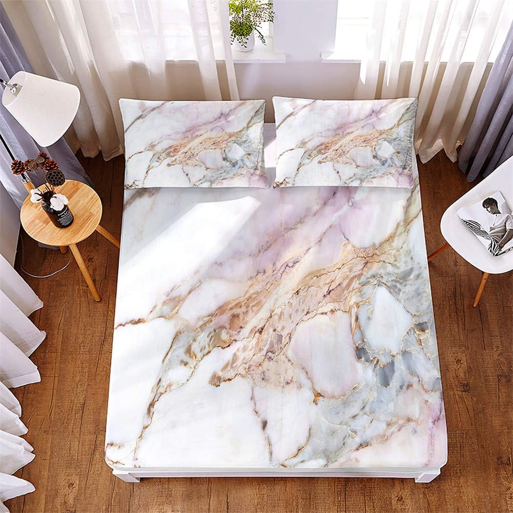Ouduo Fitted Sheet and Pillowcase Set, Microfibre Fade Resistant Bed Sheets with Deep Pocket 30cm and 2 Pillowcases (50x75cm) for Single Double King Size Bed (Cracked Marble,200x200x30cm)