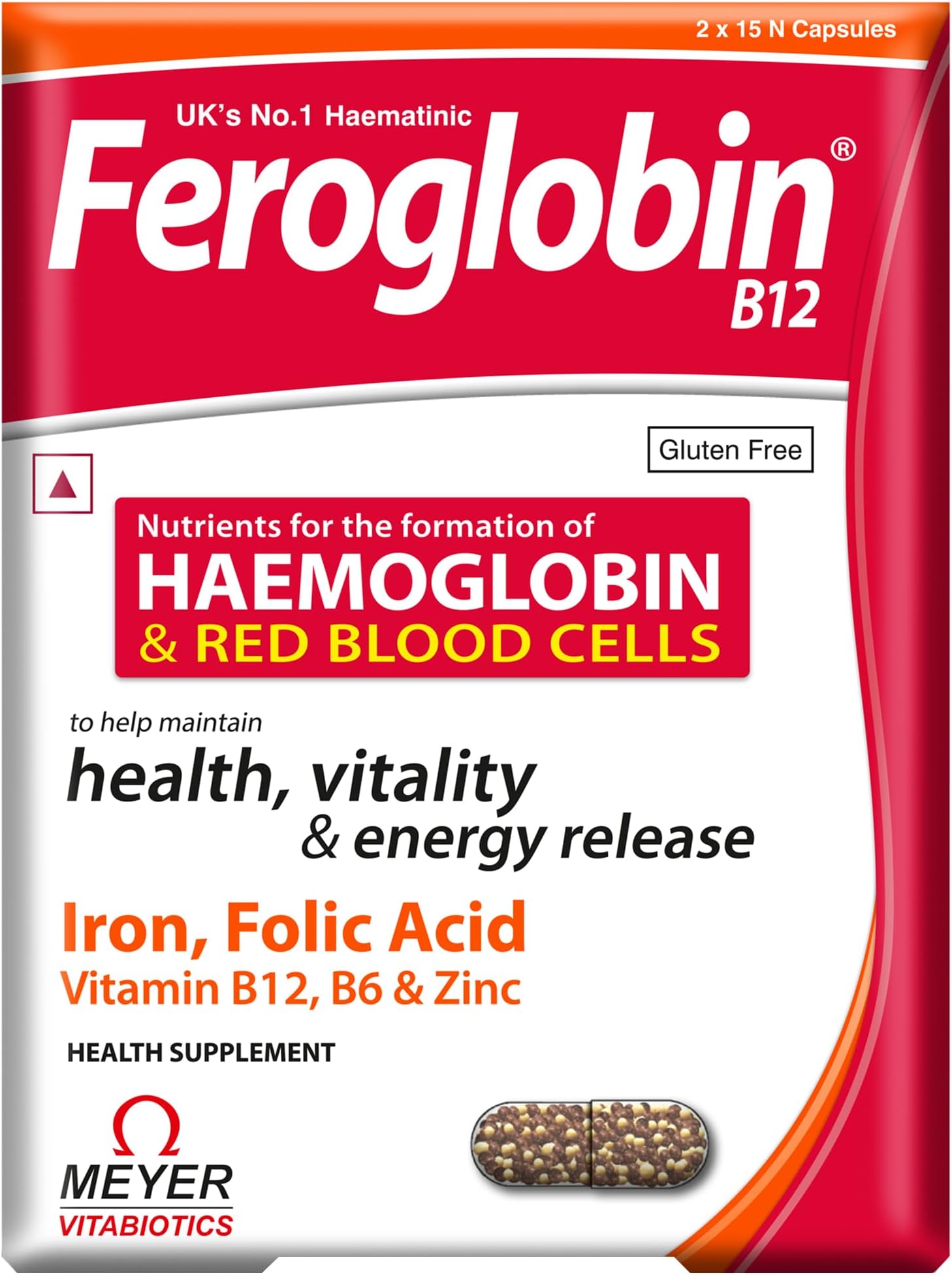 Feroglobin B12 Capsules for Hemoglobin & Red Blood Cell Formation | Iron, Folic Acid, B12, B6 & Zinc | 30 Capsules