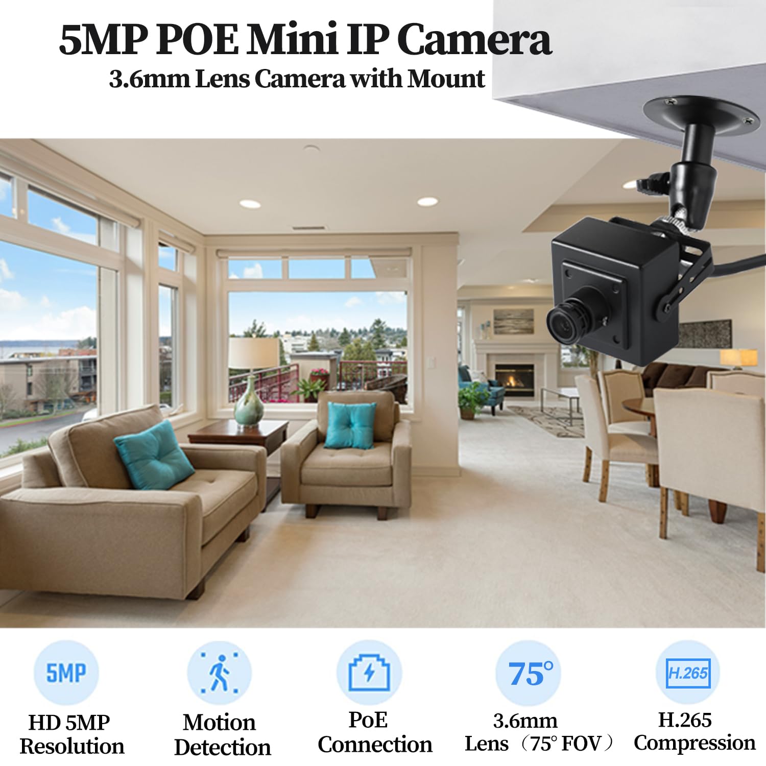 Mini kamera IP 5 MP POE z regulowanym mocowaniem 360 stopni, mała kamera bezpieczeństwa UltraHD, obiektyw 3,6 mm (75° FOV), wykrywanie ruchu, H.265/H.264, aplikacja na smartfony / PC