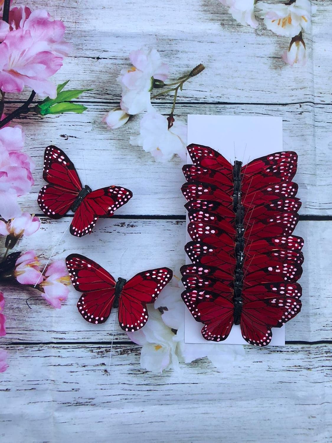 Nature's Net 5" Red Feather Monarch Butterfly Set of 12 Faux Butterfly Decoration Floral Picks Artificial Butterfly with Wire Cake Topper Scrapbooking Embellishment (Red)