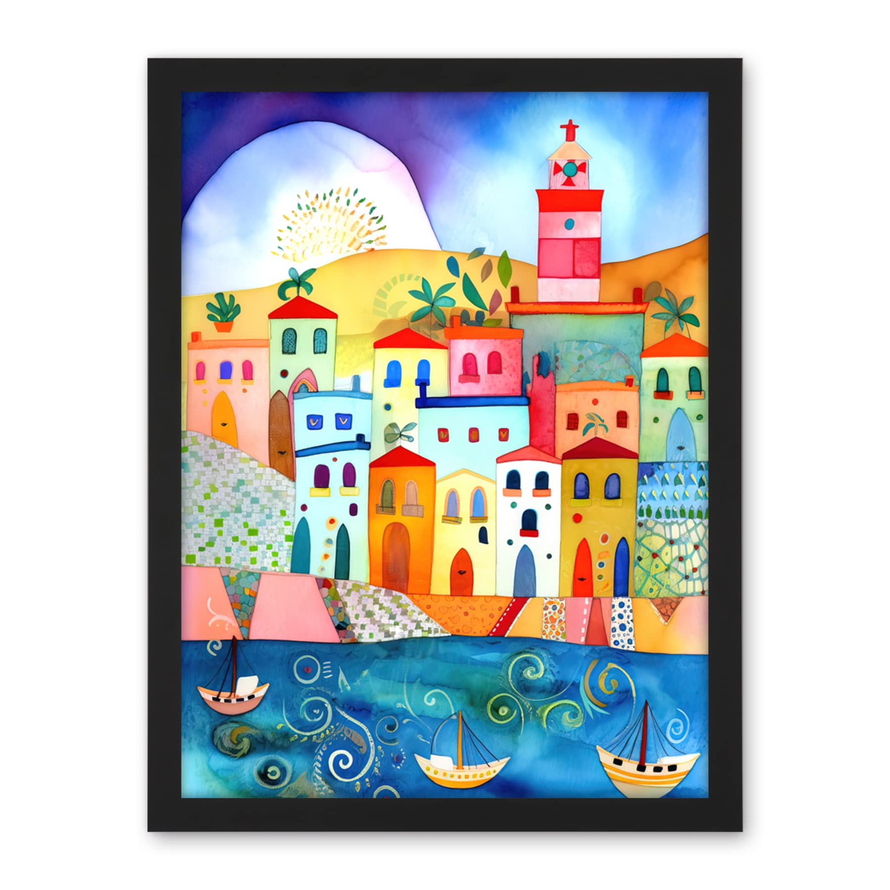 Artery8 Tunisia Seaside Town Folk Art Artwork Framed Wall Art Print 18X24 Inch
