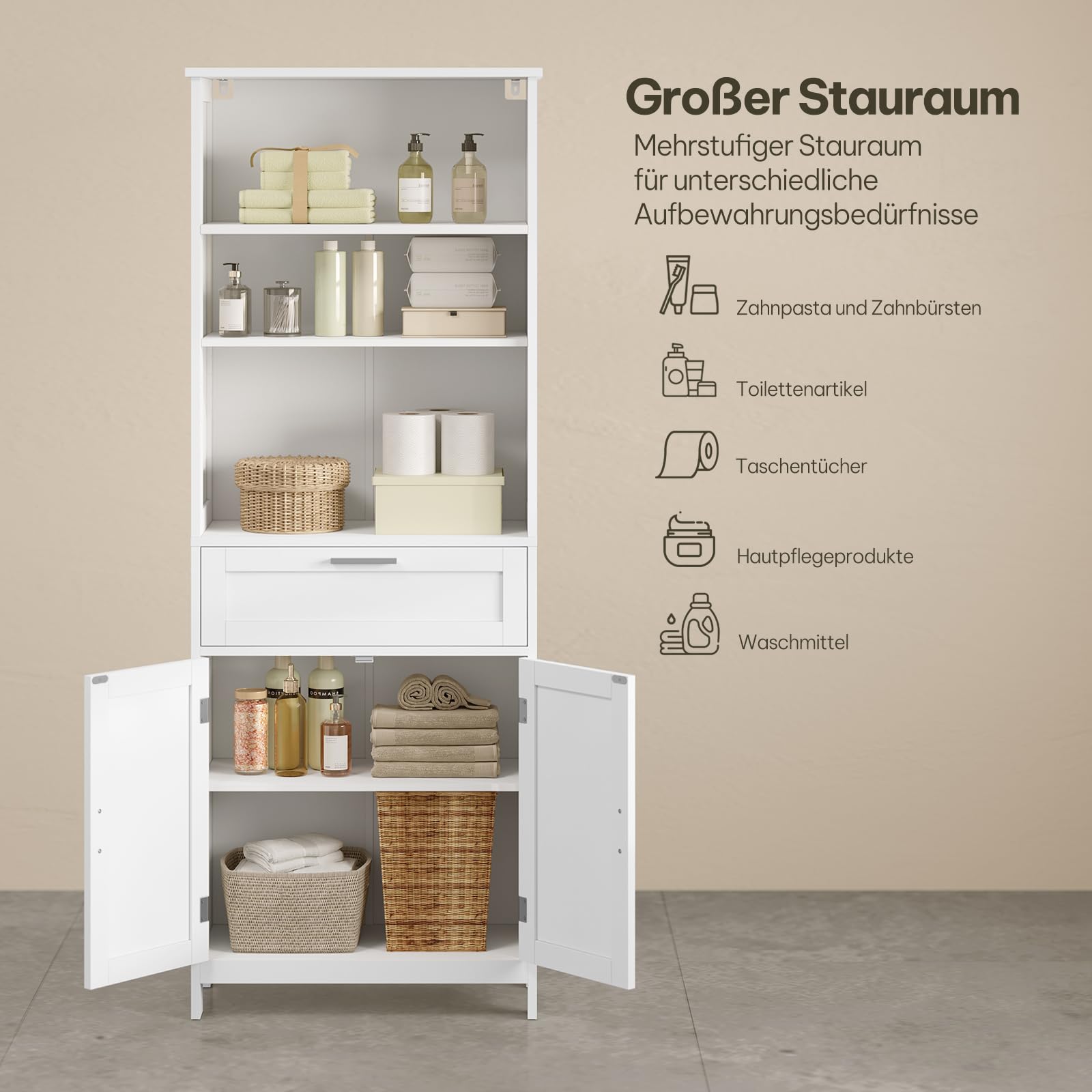 eSituro Badezimmerschrank, Badschrank Hochschrank, Aufbewahrungsschrank mit 2 Türen, 3 offenem Ebenen und 1 Schublade, Mehrzweckschrank für Badezimmer Büro Küchen Wohnzimmer, 60 x 160 x 30 cm, Weiß