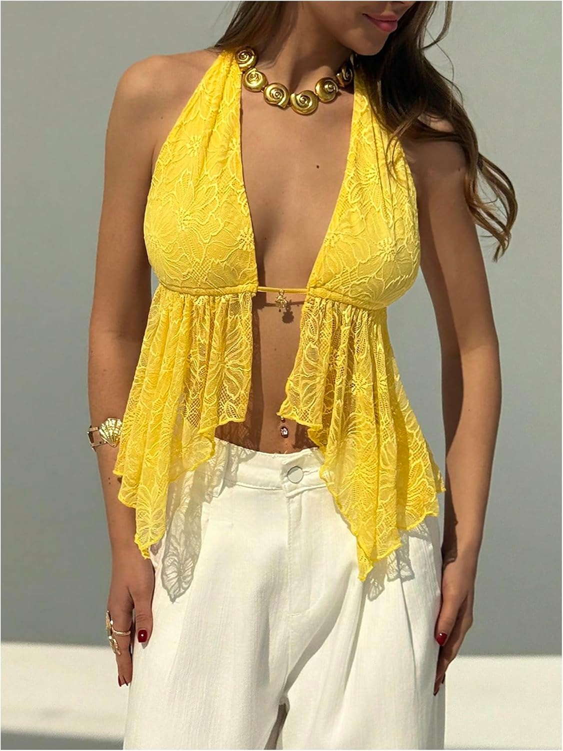 MakeMeChic Women's Floral Lace Open Back Halter Top Ruffle Summer Y2K Crop Tops - Image 4