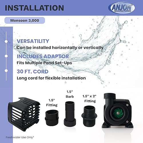 Miniatura 6 de ANJON MANUFACTURING Serie Monsoon MS-3000 - Bomba sumergible para jardín de agua y estanque de 3,000 GPH