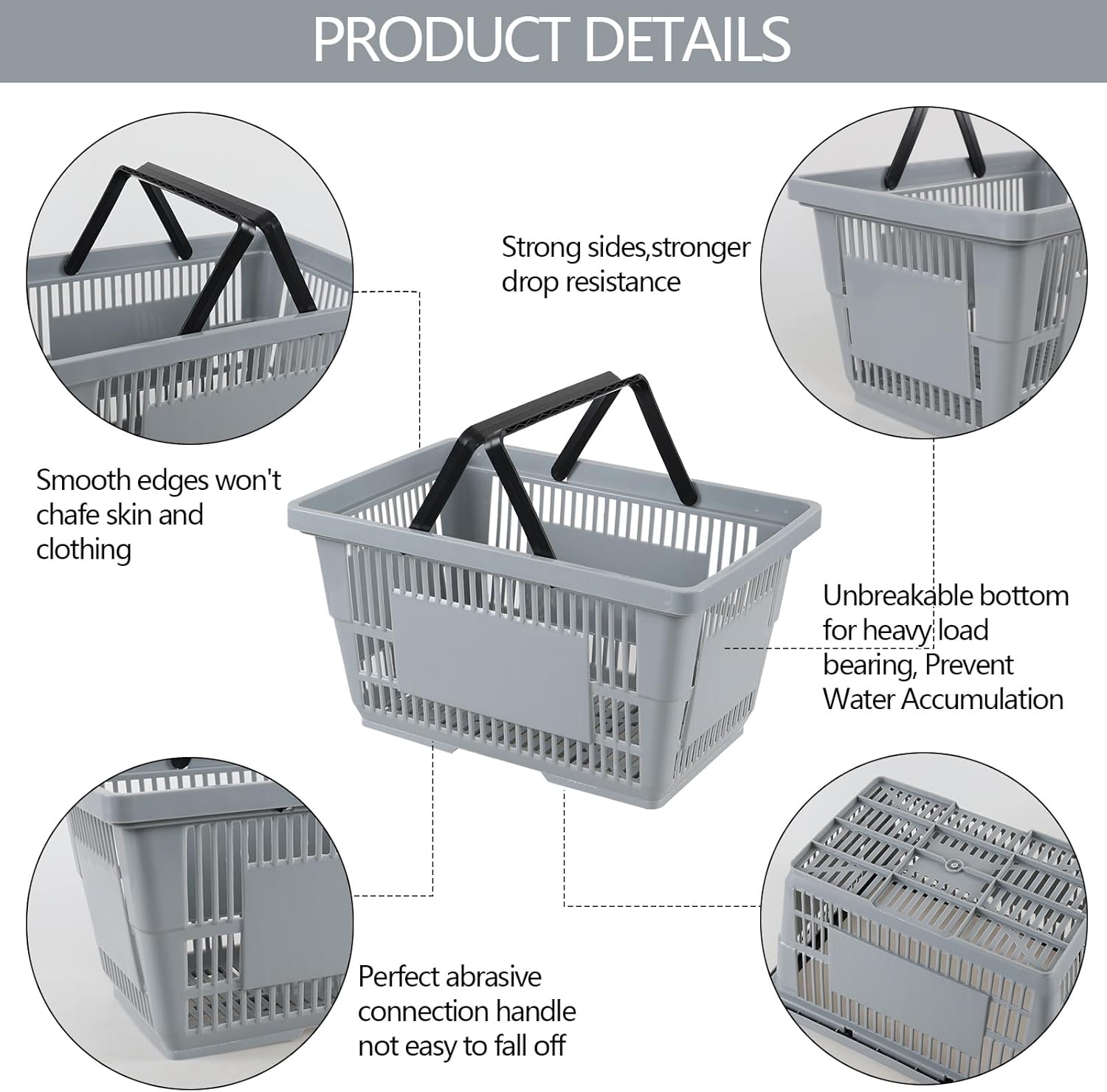 Kekow 6 Pcs Shopping Baskets with Handles, 28 L Portable Grocery Basket, Gray