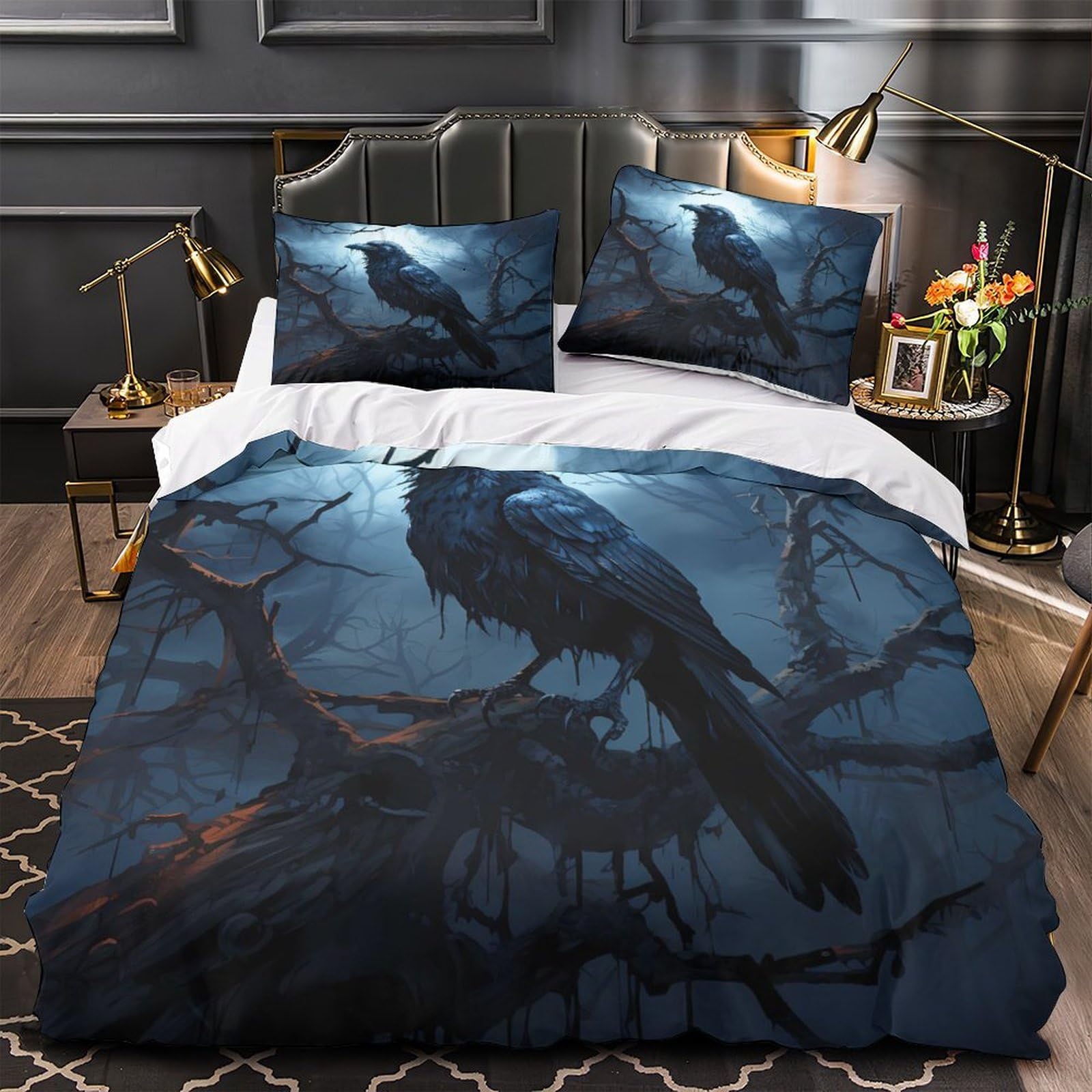 Housse de couette corbeau sombre 3D 140x200 parure lit microfibre ado