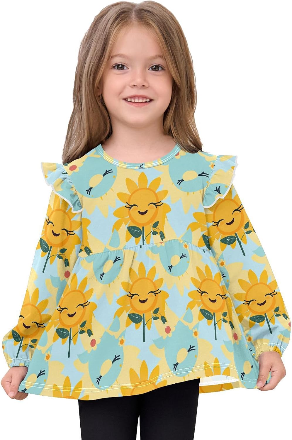 visesunny Toddler Clothes for Girls Smiling Sunflower Vector Long Sleeve Fall Shirts Cotton Top with Ruffle Collar