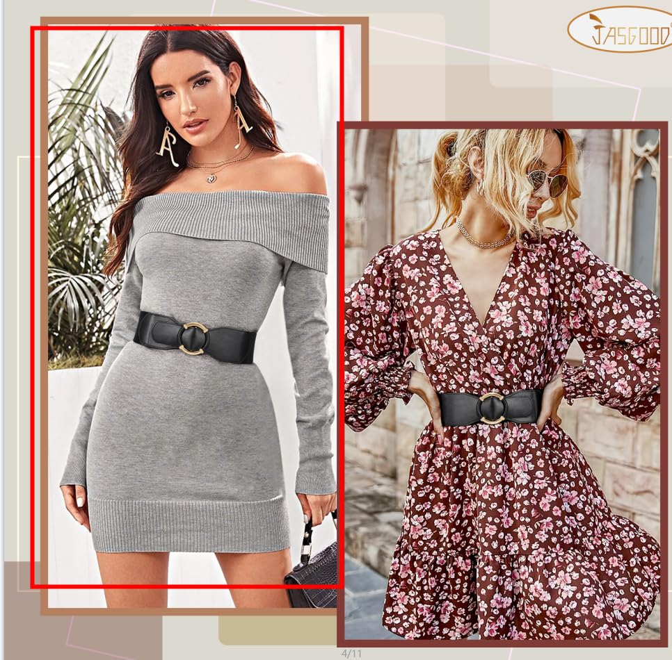 JASGOOD 2 Pack Wide Elastic Waist Belt for Women Ladies Stretchy Vintage Belts for Dress3