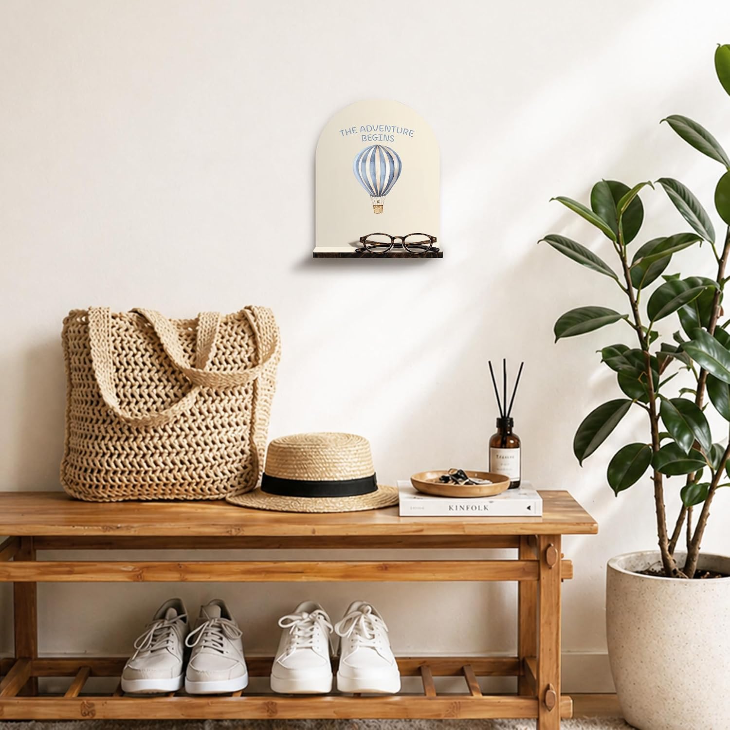 Hot Air Balloon Nursery Wall Shelf, the Adventure Begins Wooden Hanging Floating Shelves, Boy Girl Nursery Hanging Shelf Wall Decor for Kids Toddler Room Bedroom Playroom Bathroom Classroom