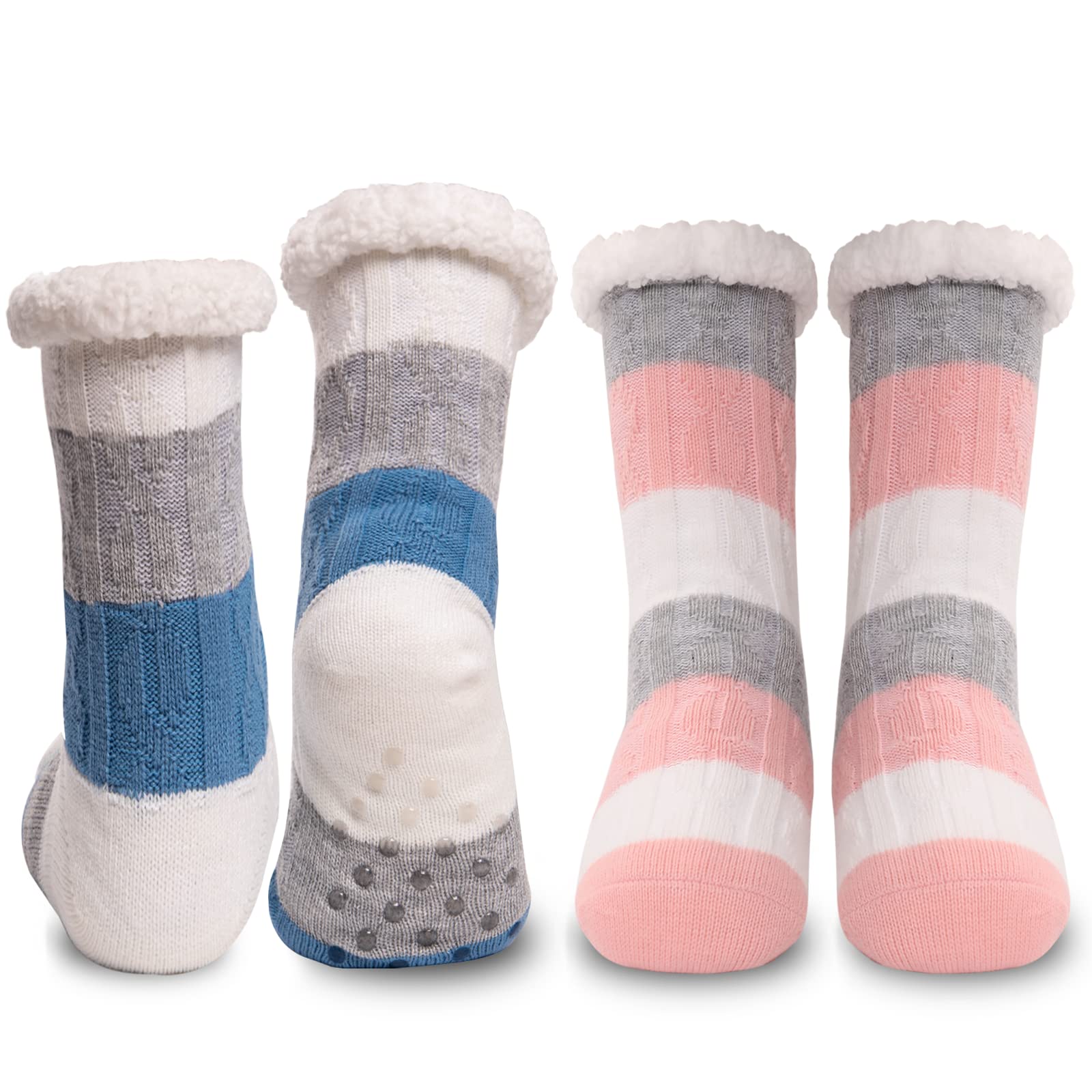 Aaronano Slipper Socks for Women with Grips Fuzzy Thermal Cozy Winter Socks Sherpa Fleece Warm Socks 2 Pairs