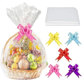 SelfTek 20 Pack Clear Basket Bags Cellophane Wrap Bagswith 20 Pack Bows ribbon for Gifts and BasketsWrappingArts & Crafts Treat32 by 22 Inches