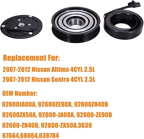 Miniatura 2 de Kit de ensamblaje de embrague del compresor del AC, bobina de rodamiento de polea de placa 92600JA00A, reemplazo para Nissan Altima y Nissan Sentra