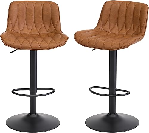 Miniatura 8 de Juego de 2 taburetes de bar giratorios, taburetes de bar de altura de mostrador marrón con respaldo, taburete de bar ajustable de 25 a 33 pulgadas,