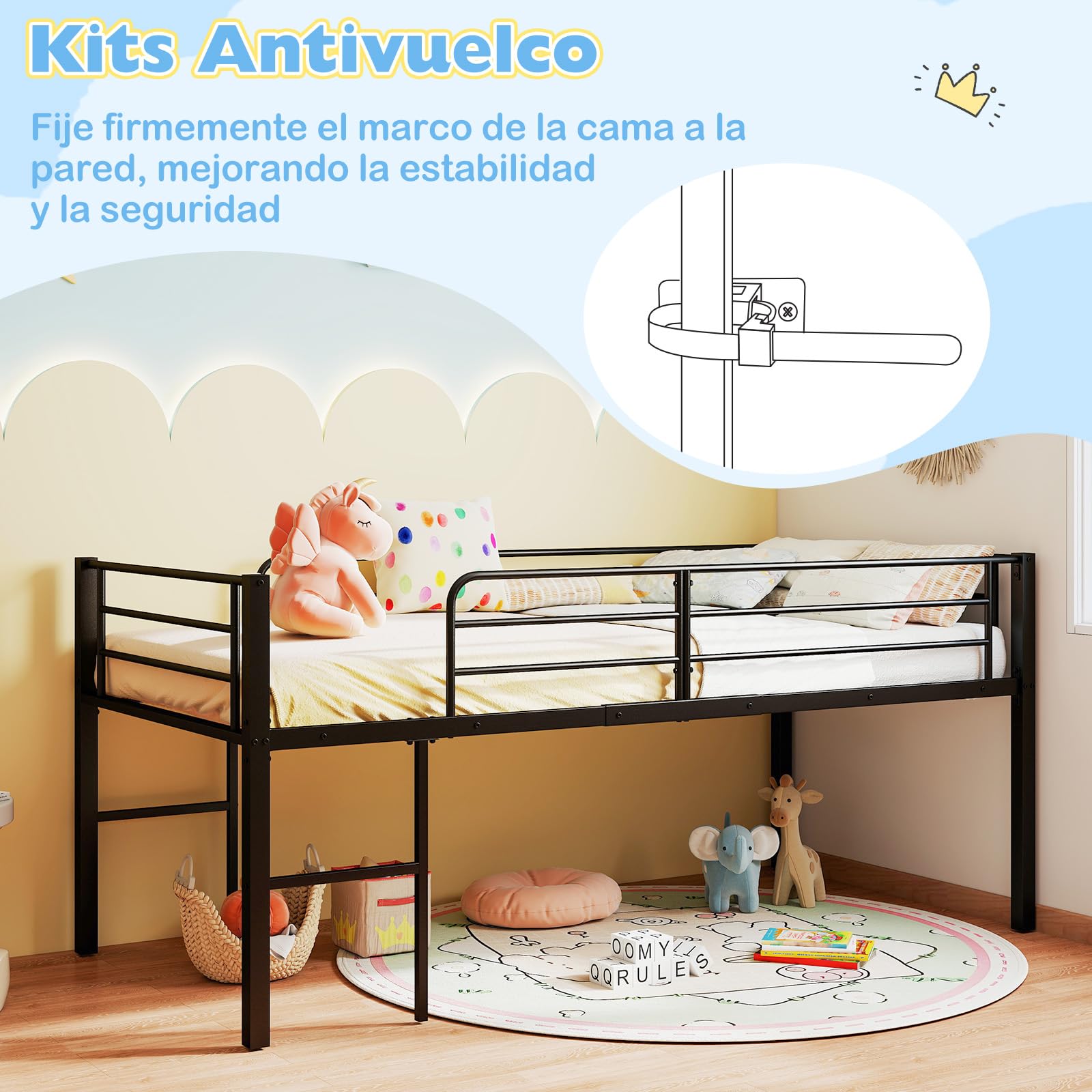 COSTWAY Cama Individual Somier, Estructura Metálica con Barandillas de Seguridad y 2 Escaleras, Listones Metálicos Resistentes para Cama Altillo para Niños, Jóvenes, 198,5 x 96 x 88 cm (Negro)