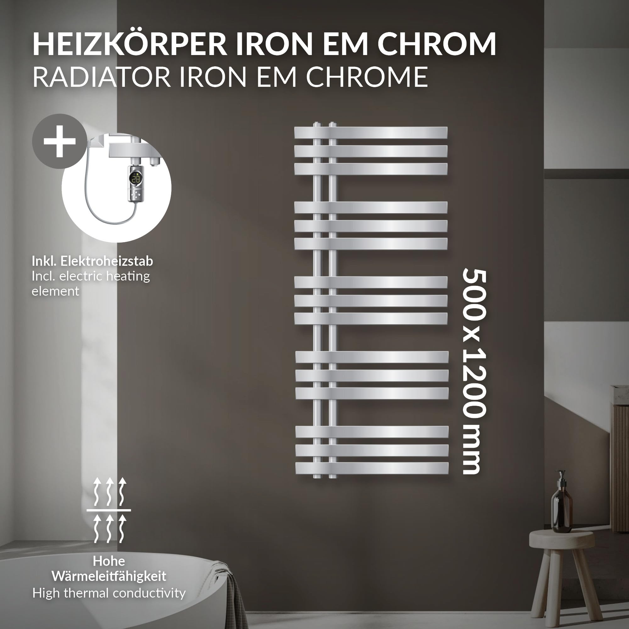 LuxeBath Radiador Eléctrico Iron EM 500 x 1200 mm Cromado, Estufa Toallera Vertical con Elemento Calefactor 1200W Termostato de Pantalla Digital, Calentador de Pared de Diseño Moderno para Baño