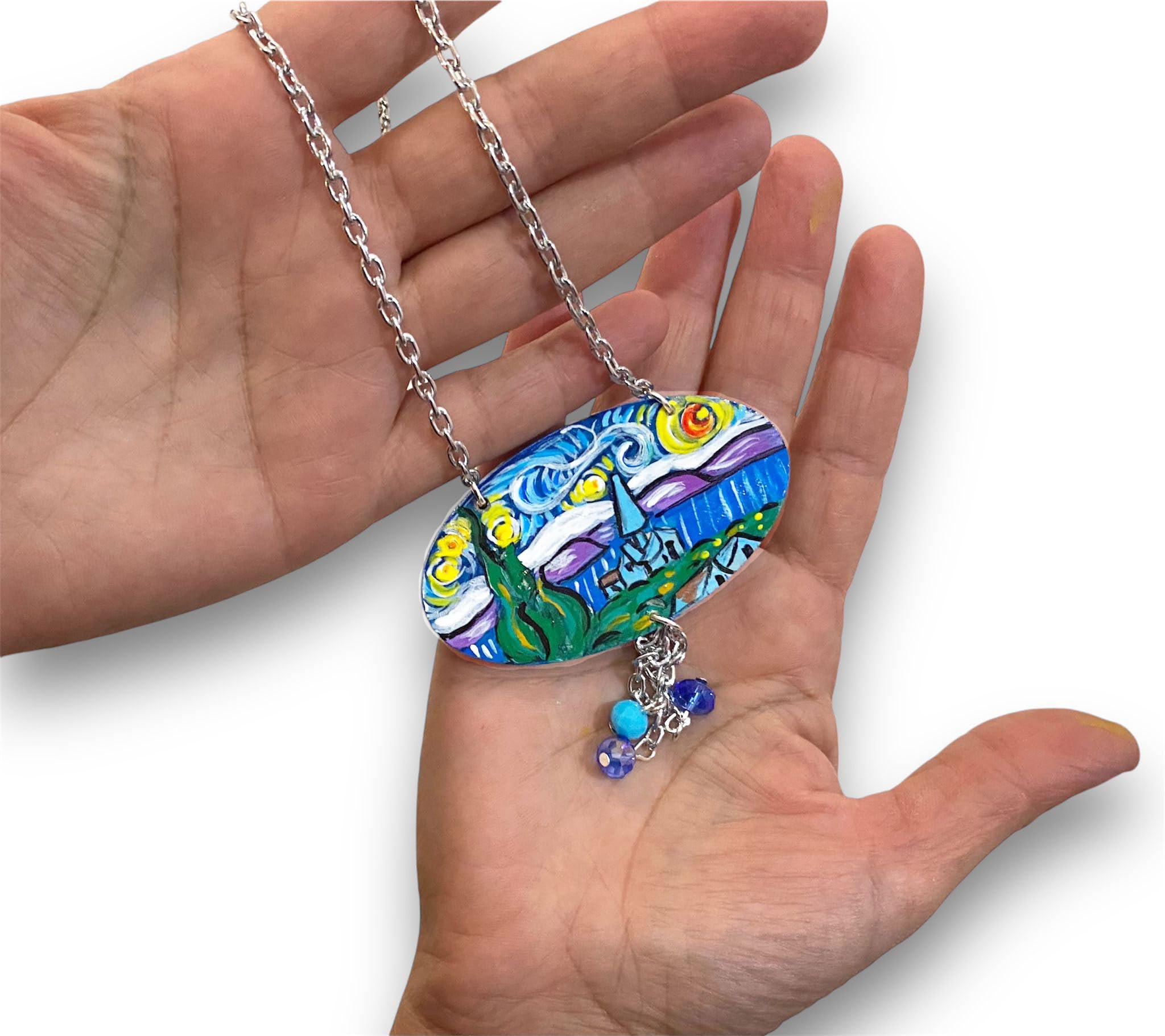 Collar con colgante pintado a mano – La noche estrellada, cuadro famoso – Collar con colgante pintado a mano, medallón de madera pintado a mano, joya elegante en madera totalmente pintada