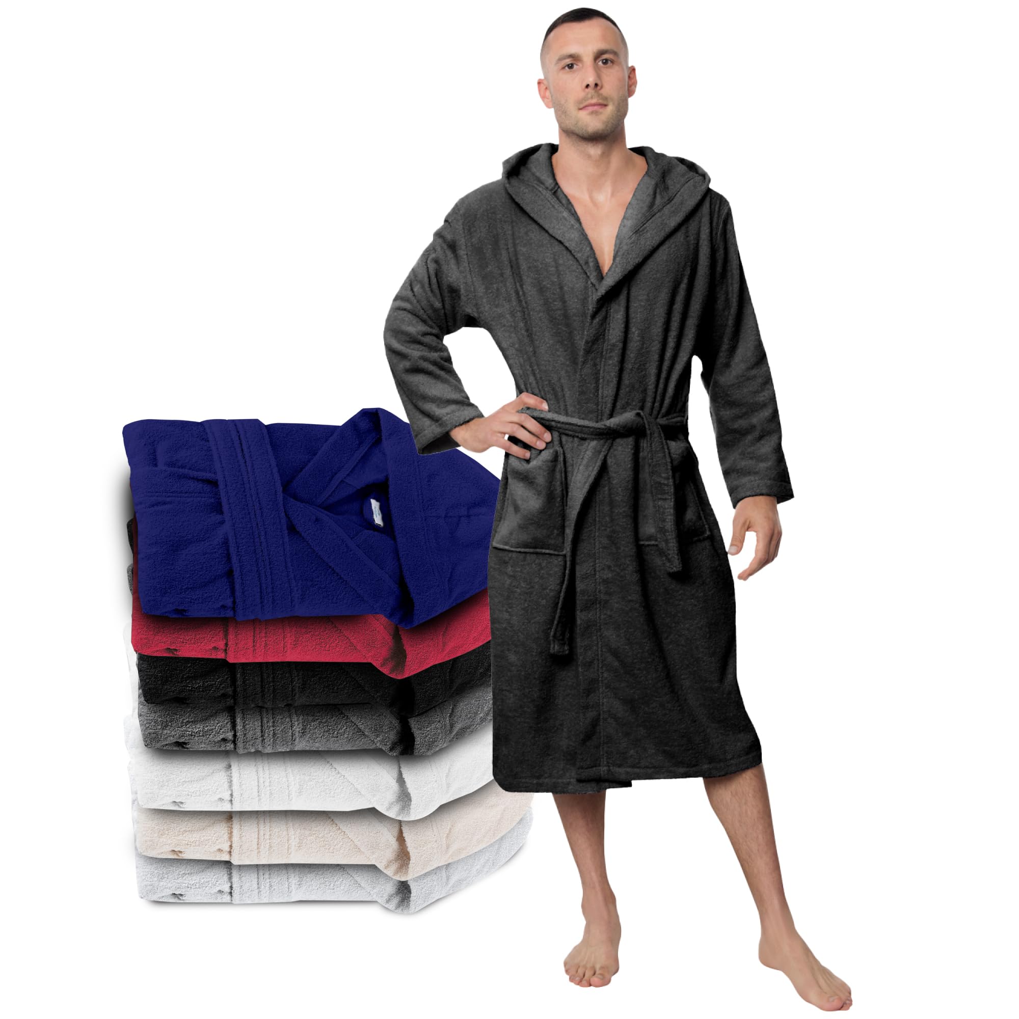 Twinzen Men's Dark Grey Bathrobe & Wo 100% Cotton Oeko-Tex® Certified - M - Premium Dressing Gown Absorbent Towelling With Hood, 2 Pockets, Belt