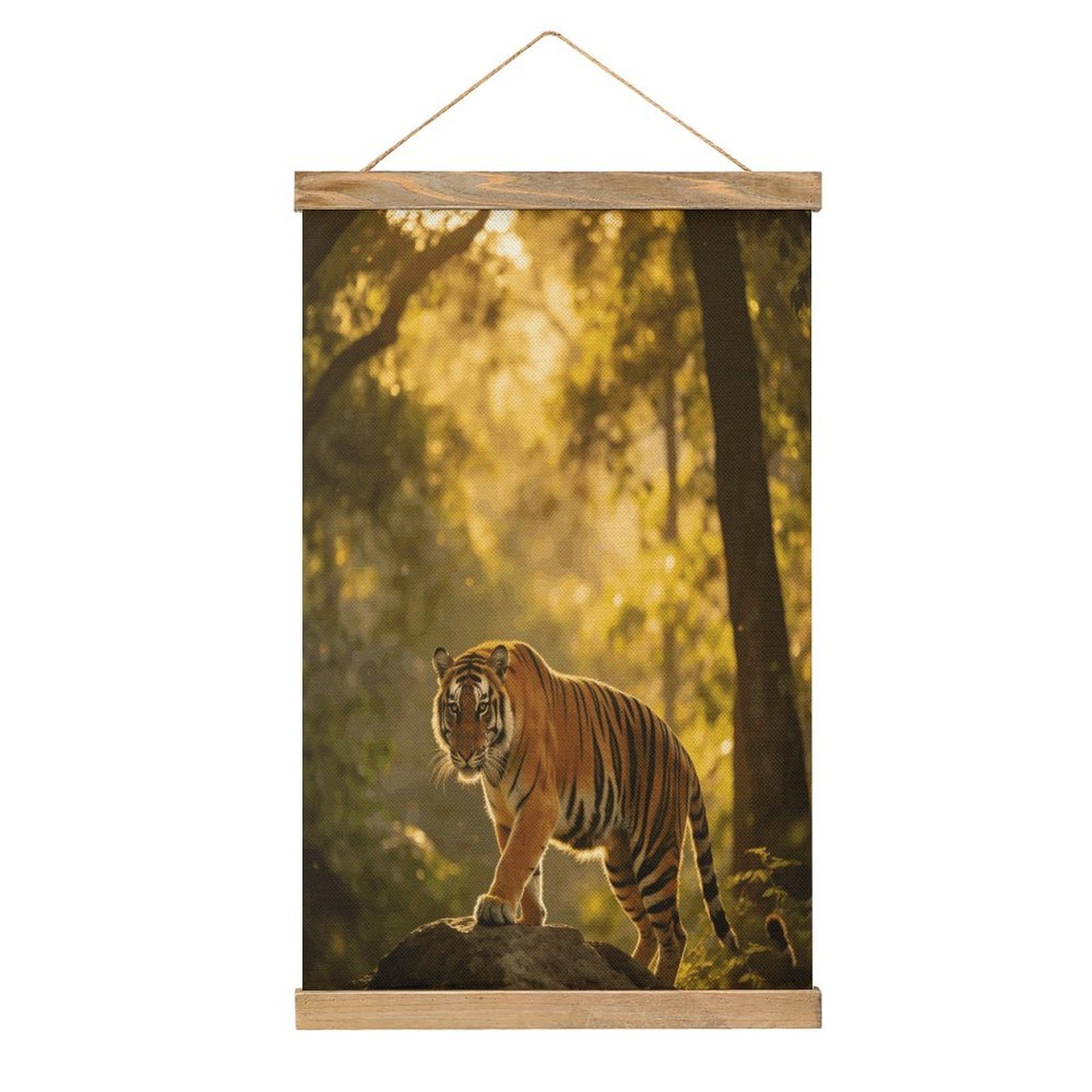 VstaDank Tiger Hanging Poster with Wooden Frame Modern Linen Hanging Painting Retro Style Wall Decor Art Painting for Living Room,Bedroom Decor Poster Frame 20.4x13.1inch