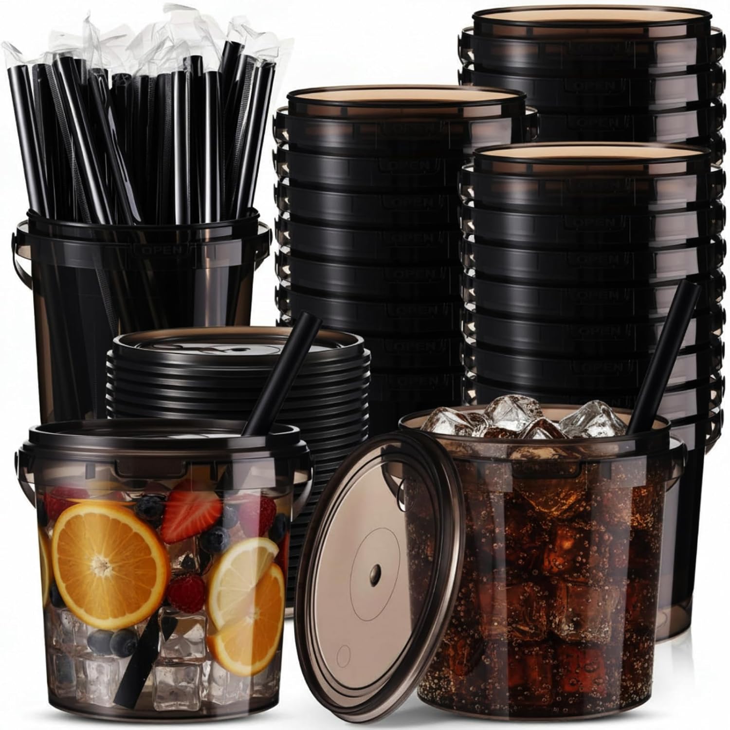 Funnymoom 24 Pack 32 oz Plastic Rum Buckets for Drinks with Straws Ice Cream Cocktail Bucket with Lids and Handles Reusable Food Containers Cup for Parties Summer Beach Bar Beer (Black)