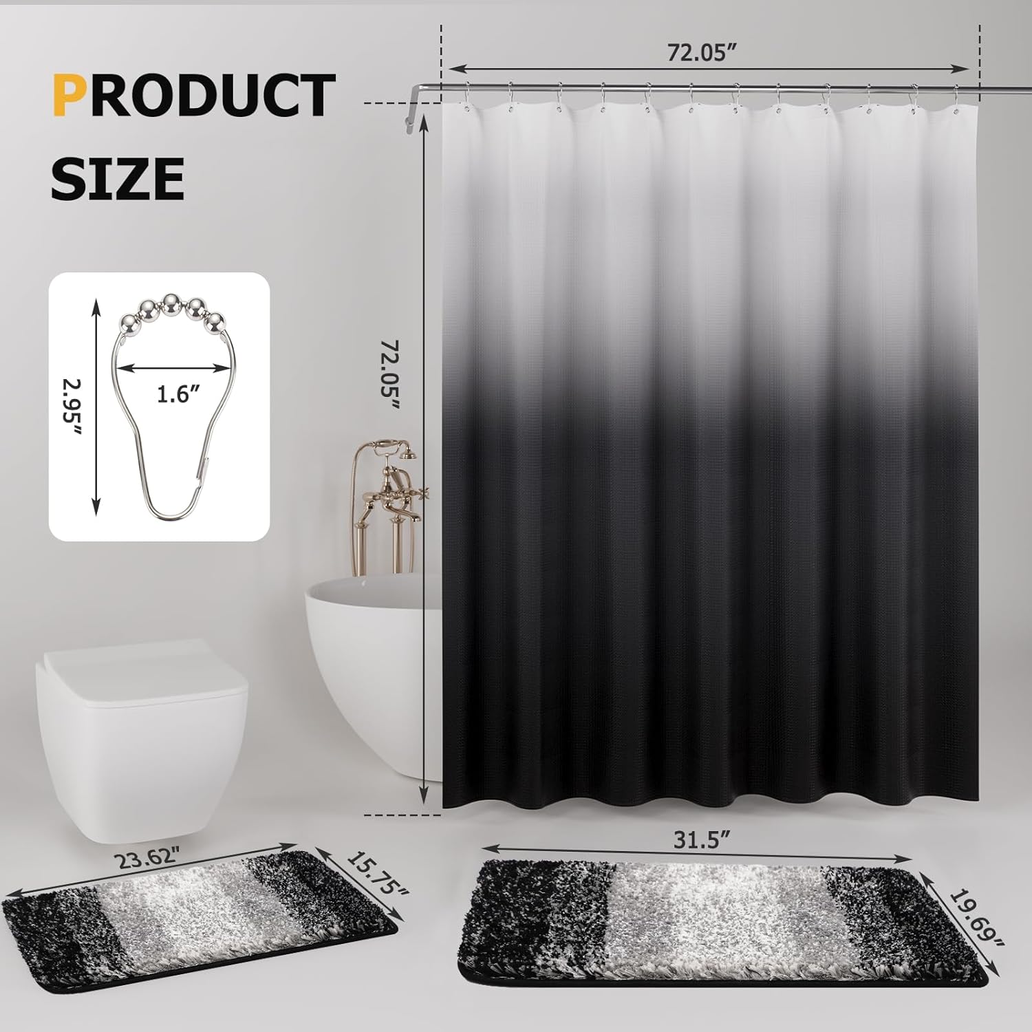 15 Pcs Shower Curtain Set Black Bathroom Sets with Shower Curtain and Rugs Ombre Waterproof Thicken Waffle Shower Curtain with 2 Piece Non-Slip Luxury Bathroom Rugs and 12 Hooks for Bathroom Decor