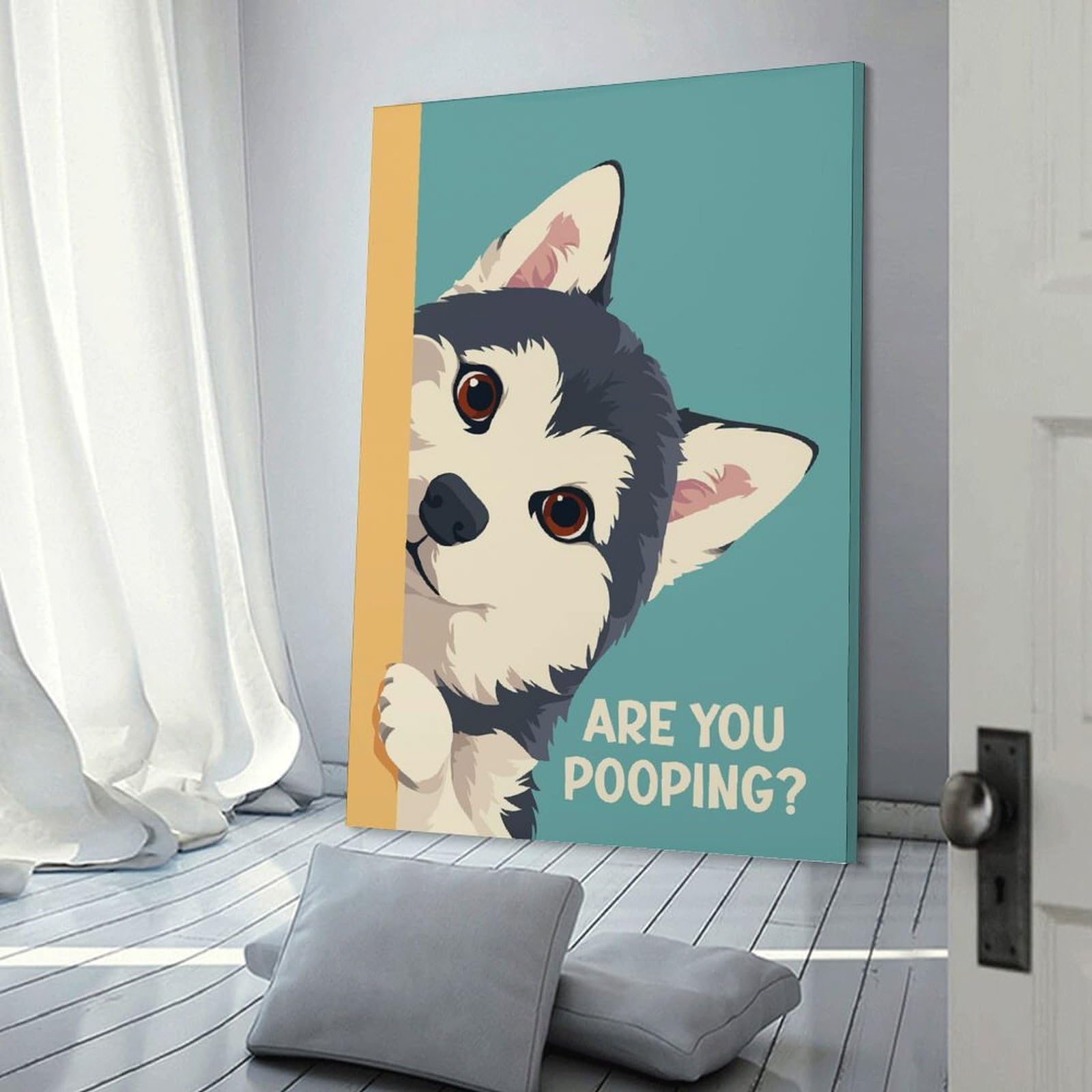 Junmoney Decorative Wall Artwork Husky Peeking Are You Pooping, 24x36inch(60x90cm), for Lounge, Bedroom Or Personal Spaces, Thoughtful Wall Decor for Art Lovers