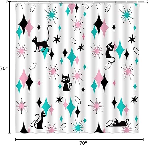 Miniatura 4 de GCTNBJL Cortina de ducha con diseño de gato de mediados de siglo, diseño retro atómico, explosiones de estrellas, color verde azulado, rosa,