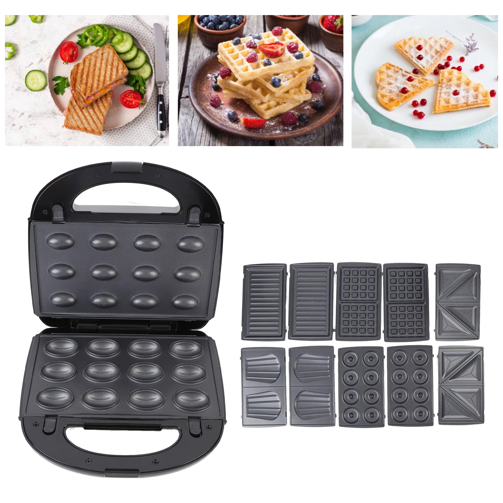 Fdit Zdejmowane Talerze Zestaw Gofrownic 6 w 1, łatwy w Czyszczeniu, Tworzy Różnorodne śniadania, Idealny dla Dzieci, ABS/SUS, 9,45 X 9,06 X 4,33 Cala (Wtyczka UE 220 V)
