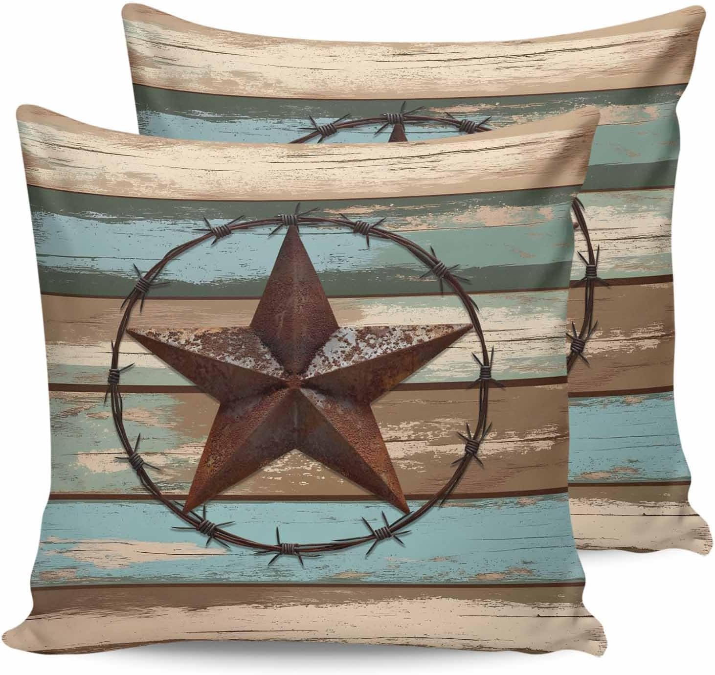 YOKOU Outdoor Waterproof Throw Pillow Covers, Western Star Brown Pillowcases Decorative Cushion Cover Cases for Patio Balcony Couch, Pack of 2 Square, 20"X20" Vintage Wood Grain Brown Teal