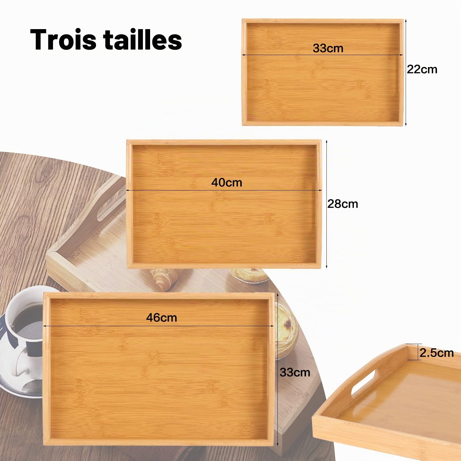 3pcs Grand Plateaux de Service en Bambou, Plateau Repas Rectangle avec Poignées, Plateau Petit-Déjeuner Service pour Vaisselle, Boissons, Réception de Fête