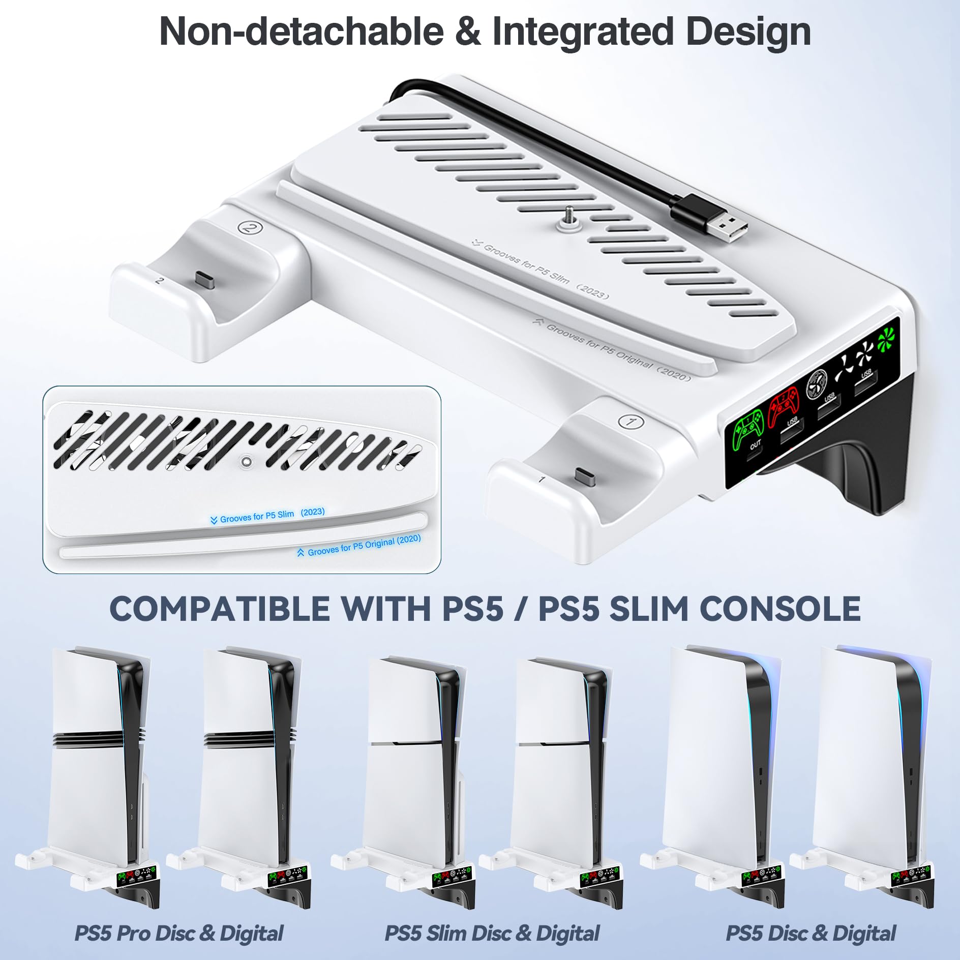 Support de Refroidissement Murale PS5 avec Chargeur Manette, Support PS5 pour Console PlayStation 5 Original/ Slim/ Pro, Ventilateur PS 5 à 4 Vitesses Réglable, Accessoire PS-5 et l'OrganisationPS5