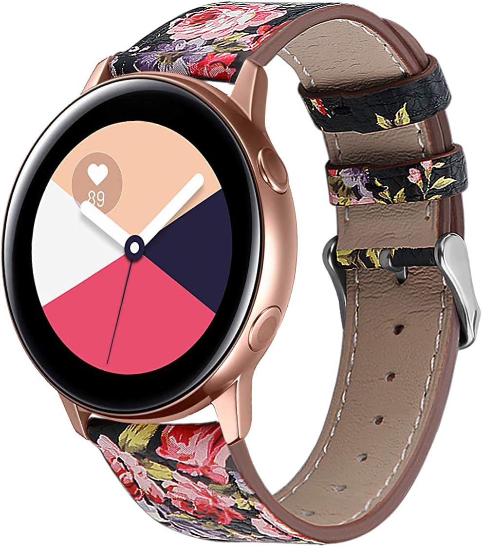 Compatible with Samsung Galaxy watch 5 40mm 44mm/ Galaxy watch 4/Galaxy Watch 3 41mm Band Leather,20mm Replacement Strap Band Compatible with Galaxy Watch Active 2 44mm 40mm(Black-Floral2)