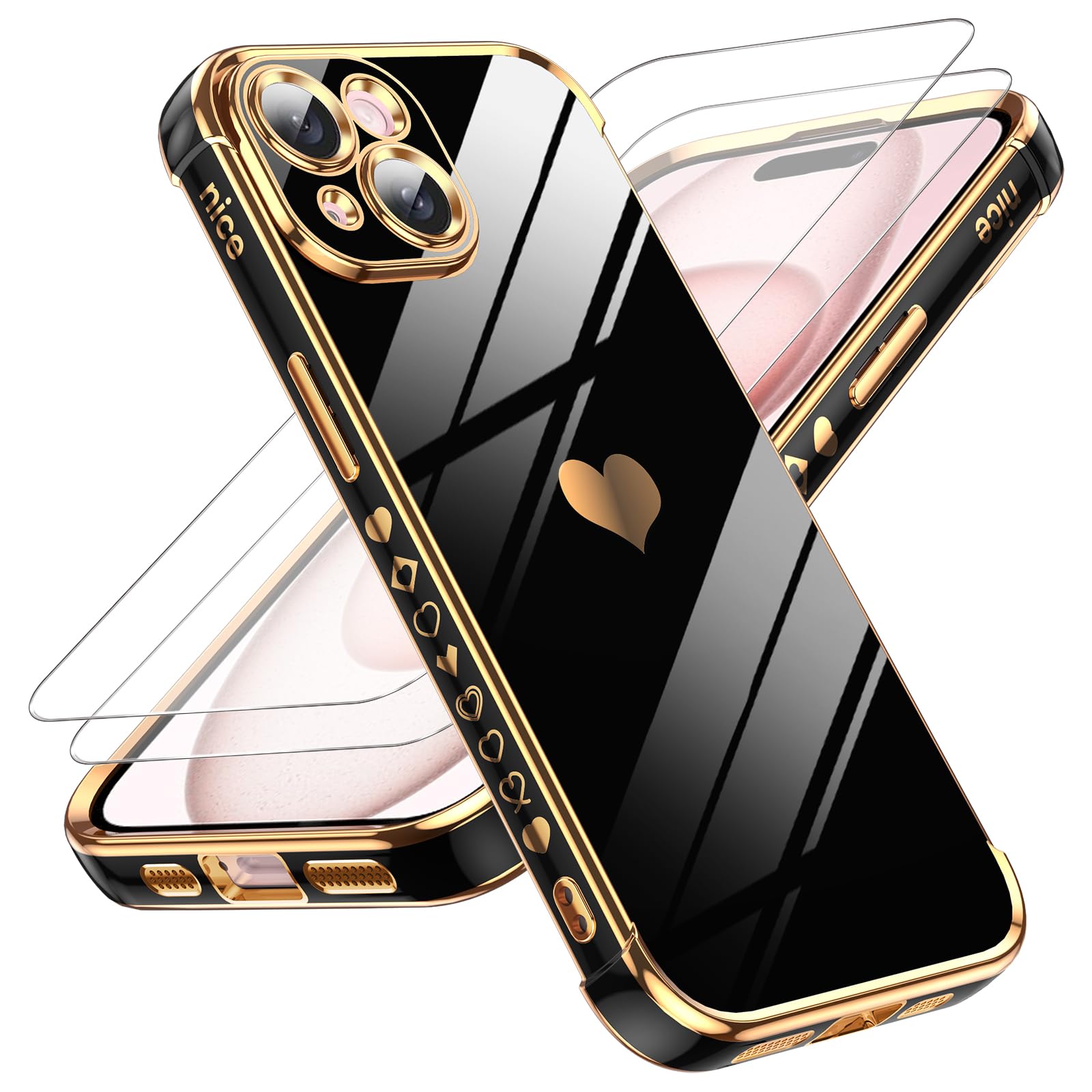 LeYi for iPhone 15 Case: with Tempered Glass Screen Protector [2 Pcs]+ Full Camera Lens Protection,Love Heart Plating Wome...