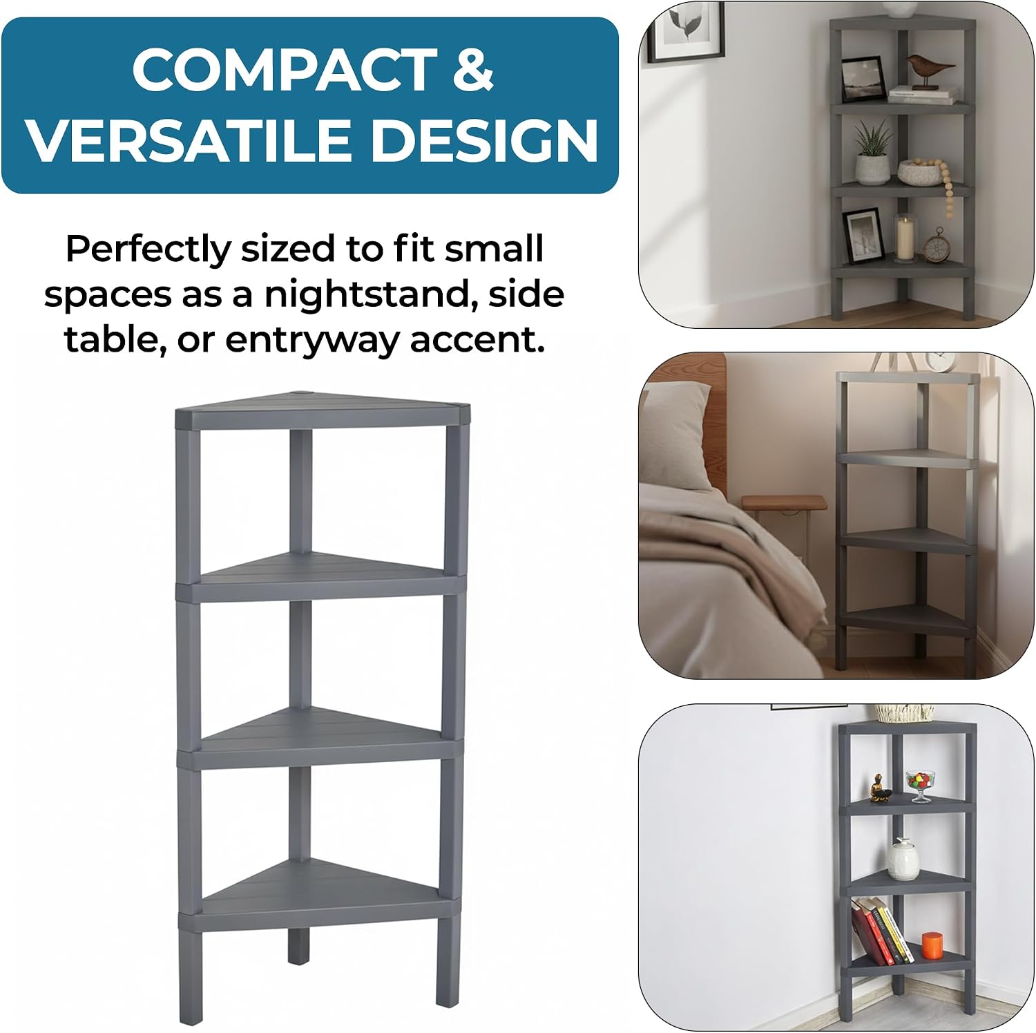 Honey-Can-Do 4-Tier Corner Storage Shelves, Plastic Shelving Unit, Grey | Corner 4-tier plastic shelf, no-tool snap assembly, durable design for bath, kitchen, office, or tight spaces. Grey.