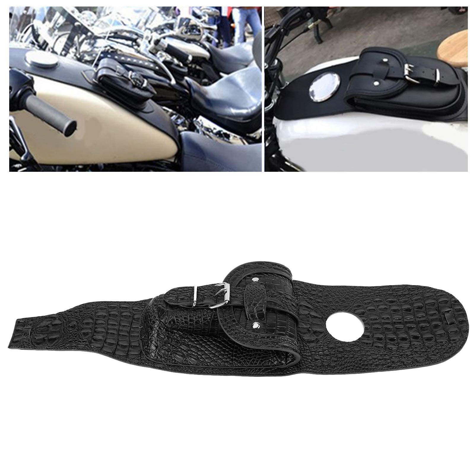 FUZHUI Motorcycle PU Leather Fuel Pad with Pouch - Install for Bikers (Black Crocodile)